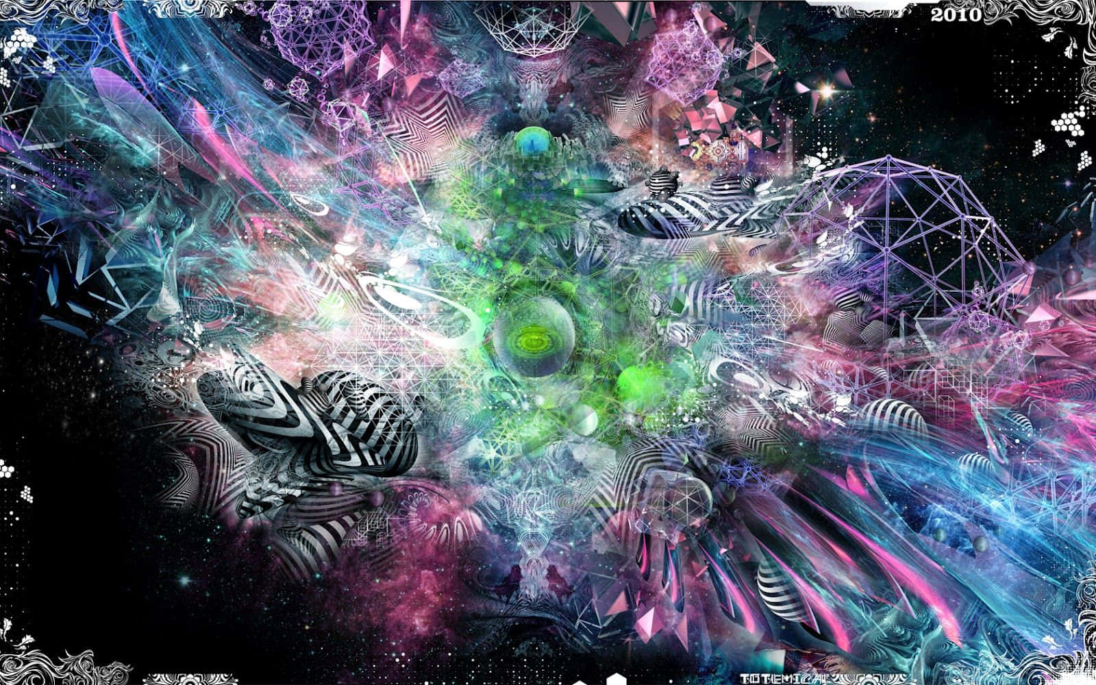 dark psychedelic, cosmic fractal explosion, glowing geometric shapes, HD Desktop Wallpaper