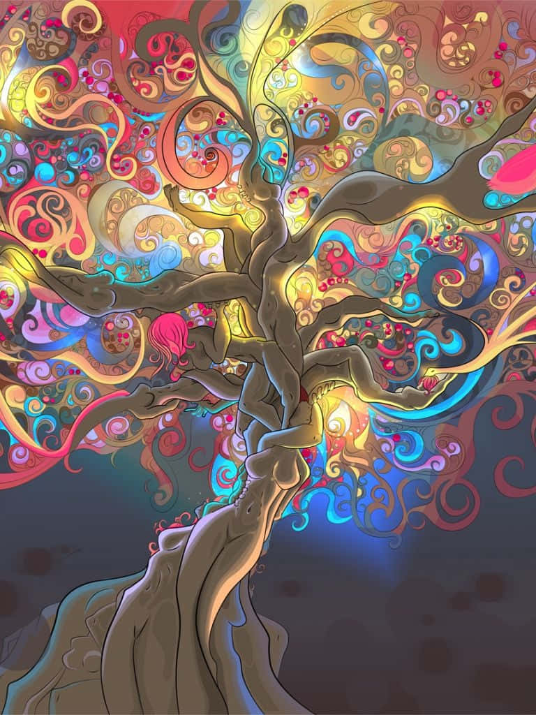 Psychedelic Grunge, surreal tree, glowing branches, SD Phone Wallpaper