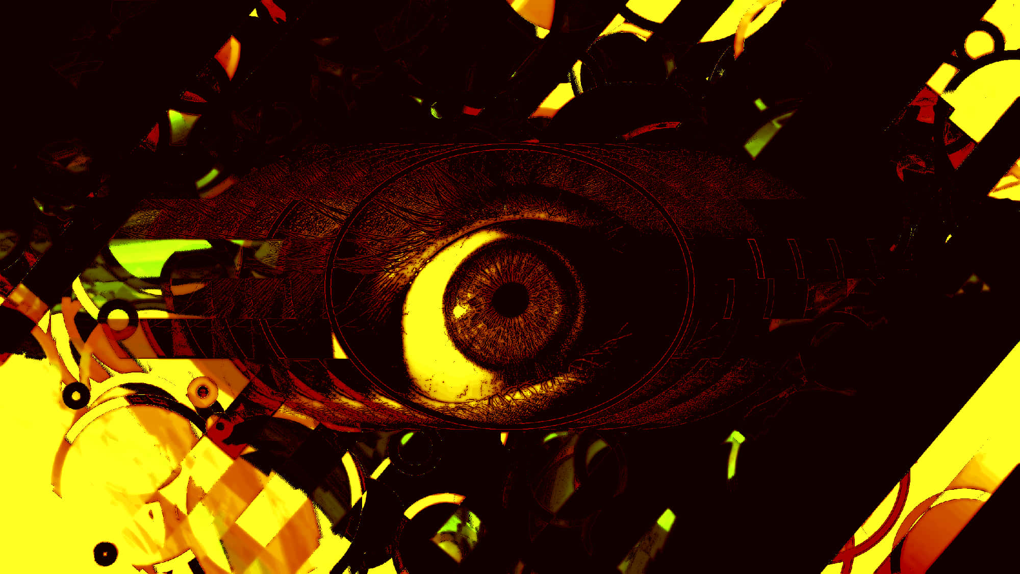 Dark Psychedelic, hyper-detailed human eye, intense yellow light, Full HD Desktop Wallpaper