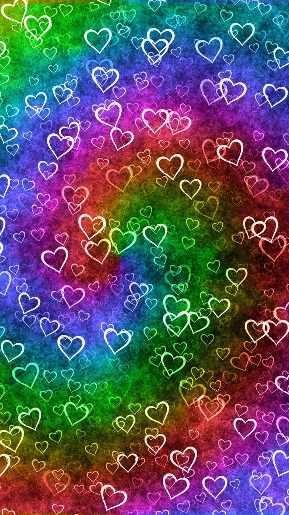 rainbow heart, glowing white outlined hearts, vibrant rainbow gradient background, HD Phone Wallpaper