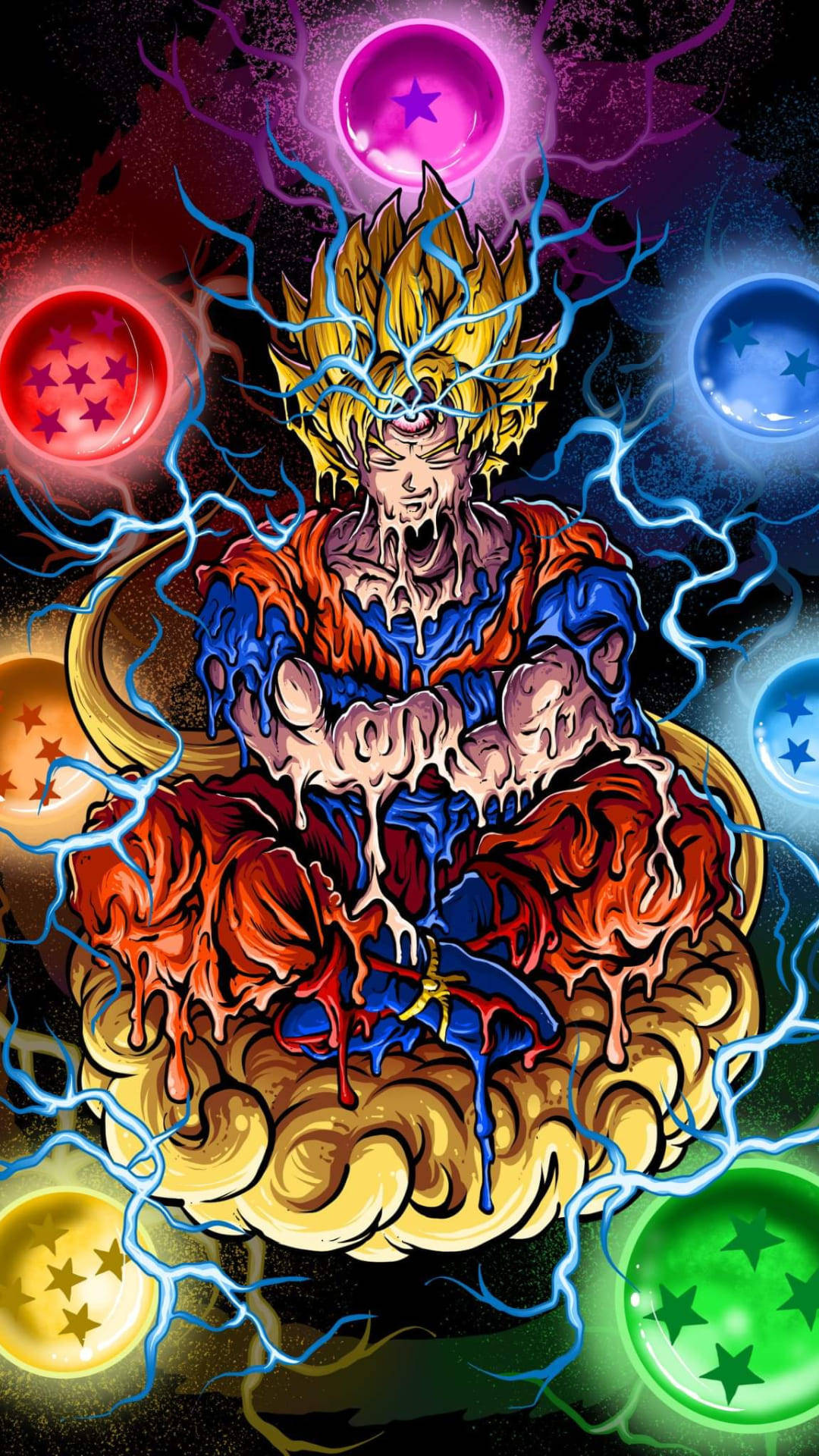 Psychedelic iPhone, melting Goku, spiky golden hair, Full HD Phone Wallpaper