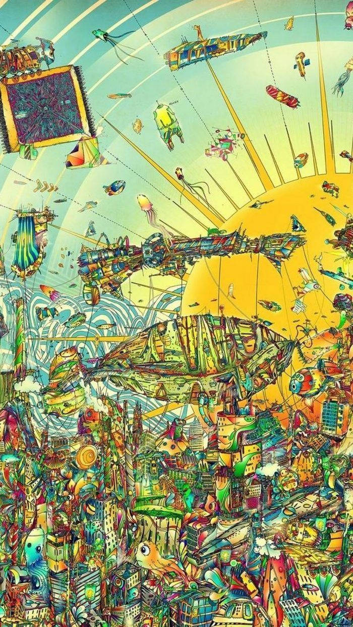 Psychedelic iPhone, futuristic life, vibrant surreal cityscape, SD Phone Wallpaper