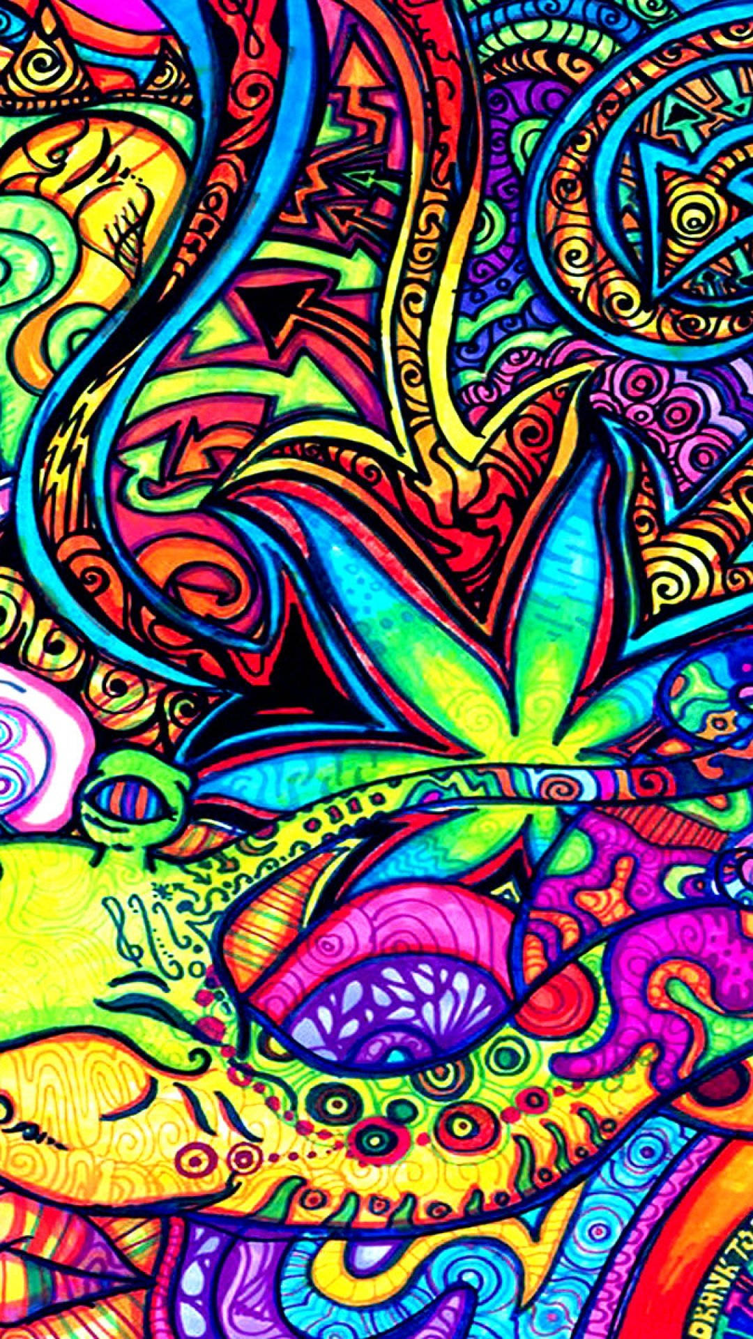 Psychedelic iPhone, glowing cannabis leaf, swirling colorful patterns, Full HD Phone Wallpaper