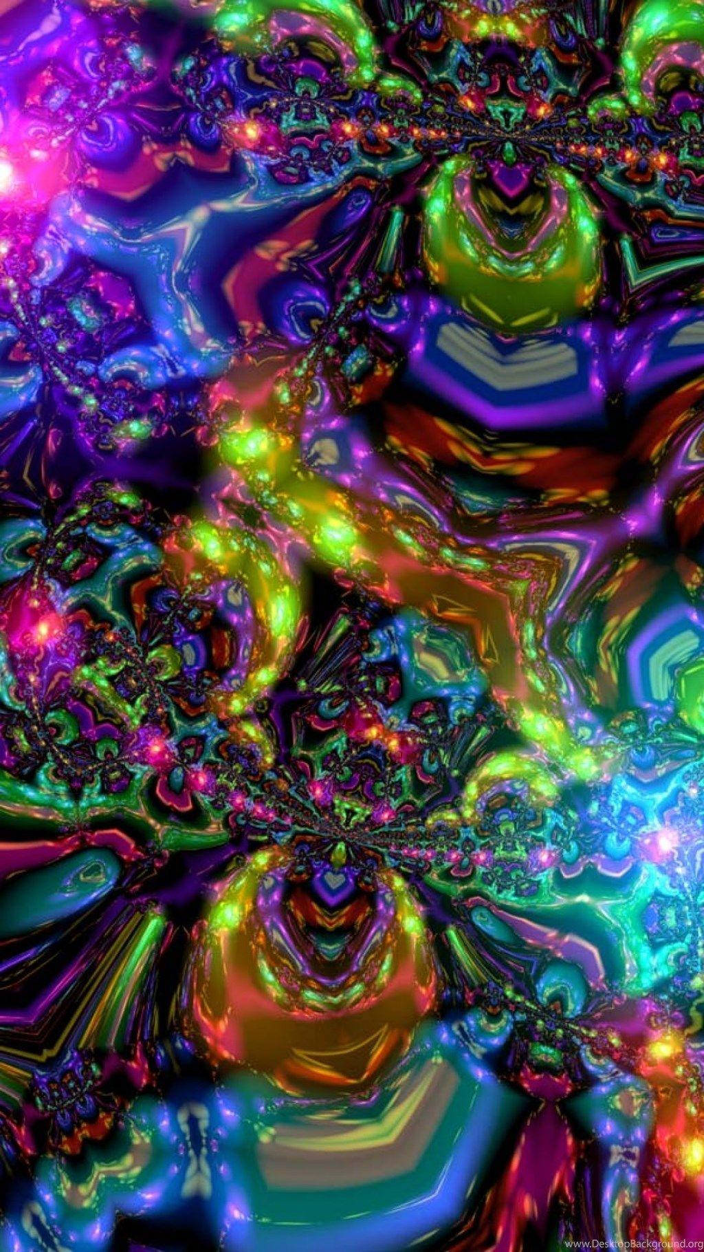 Psychedelic iPhone, neon fractal patterns, glowing cores, HD Phone Wallpaper