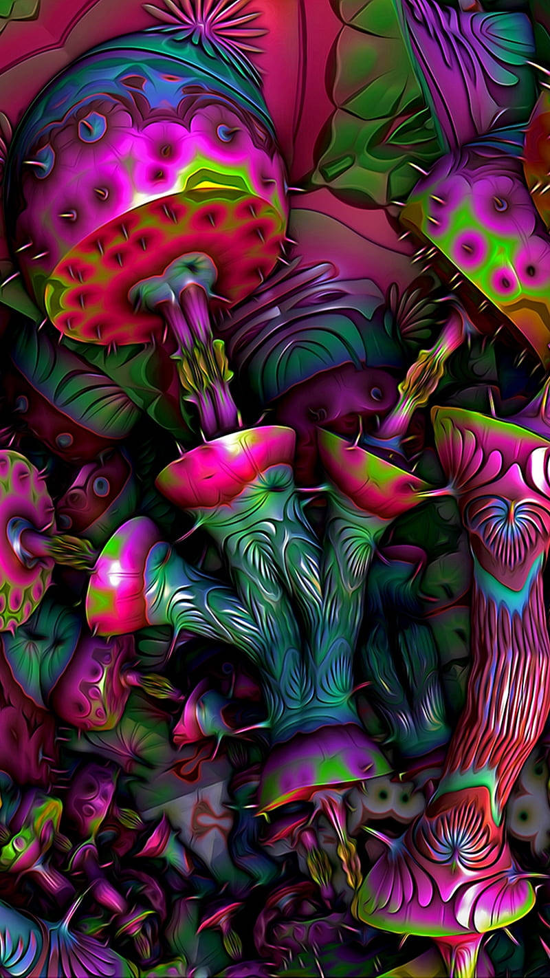 Unfathomable Depths, psychedelic mushrooms, glowing pink green and purple caps and stems, HD Phone Wallpaper