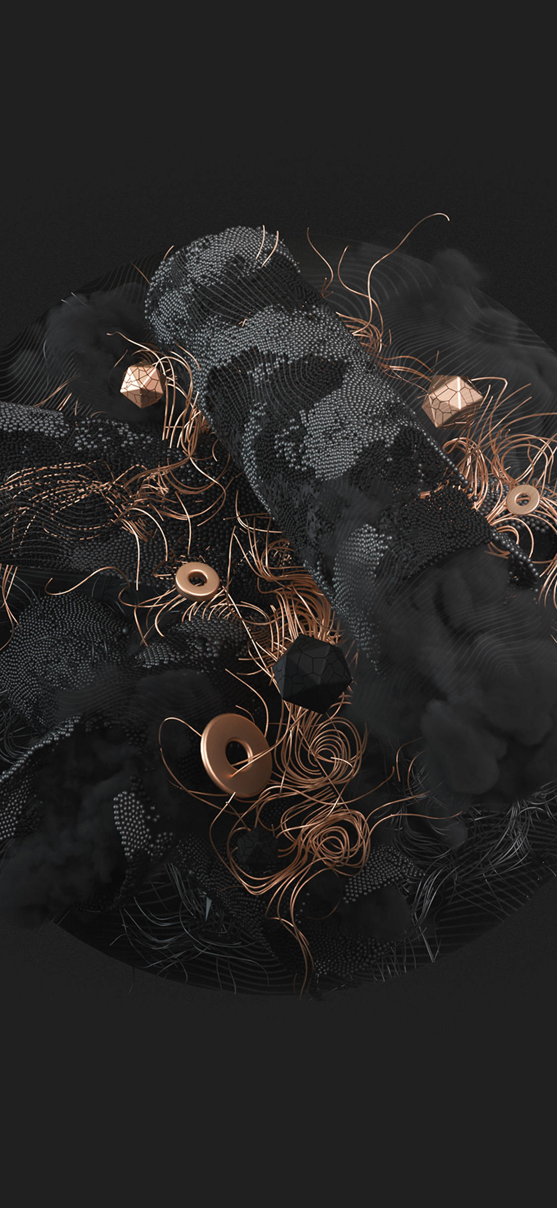 dark psychedelic, black textured forms, golden metallic elements, Full HD Phone Wallpaper