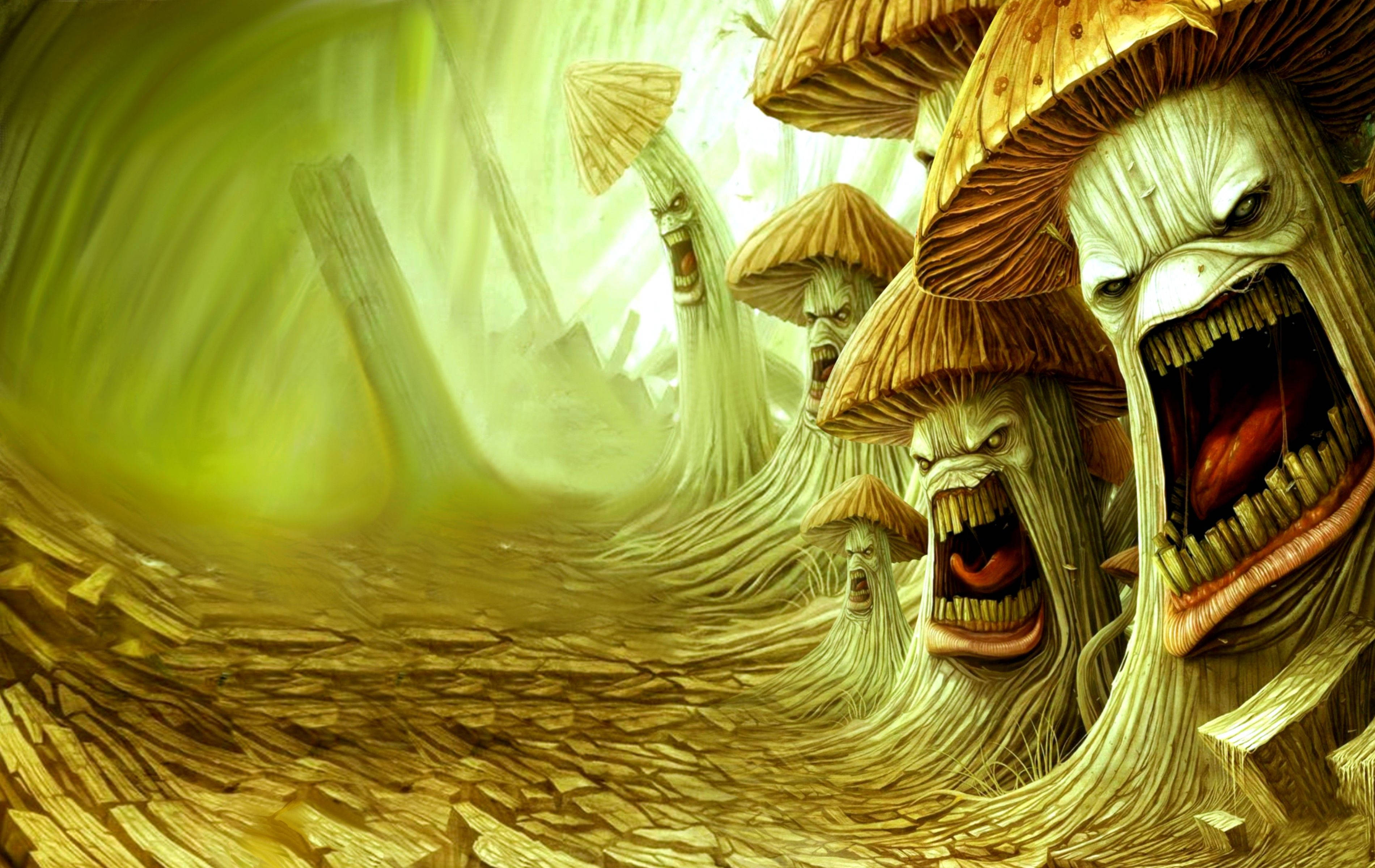 Psychedelic mushroom, grotesque, screaming mushroom creatures, 2K Desktop Wallpaper