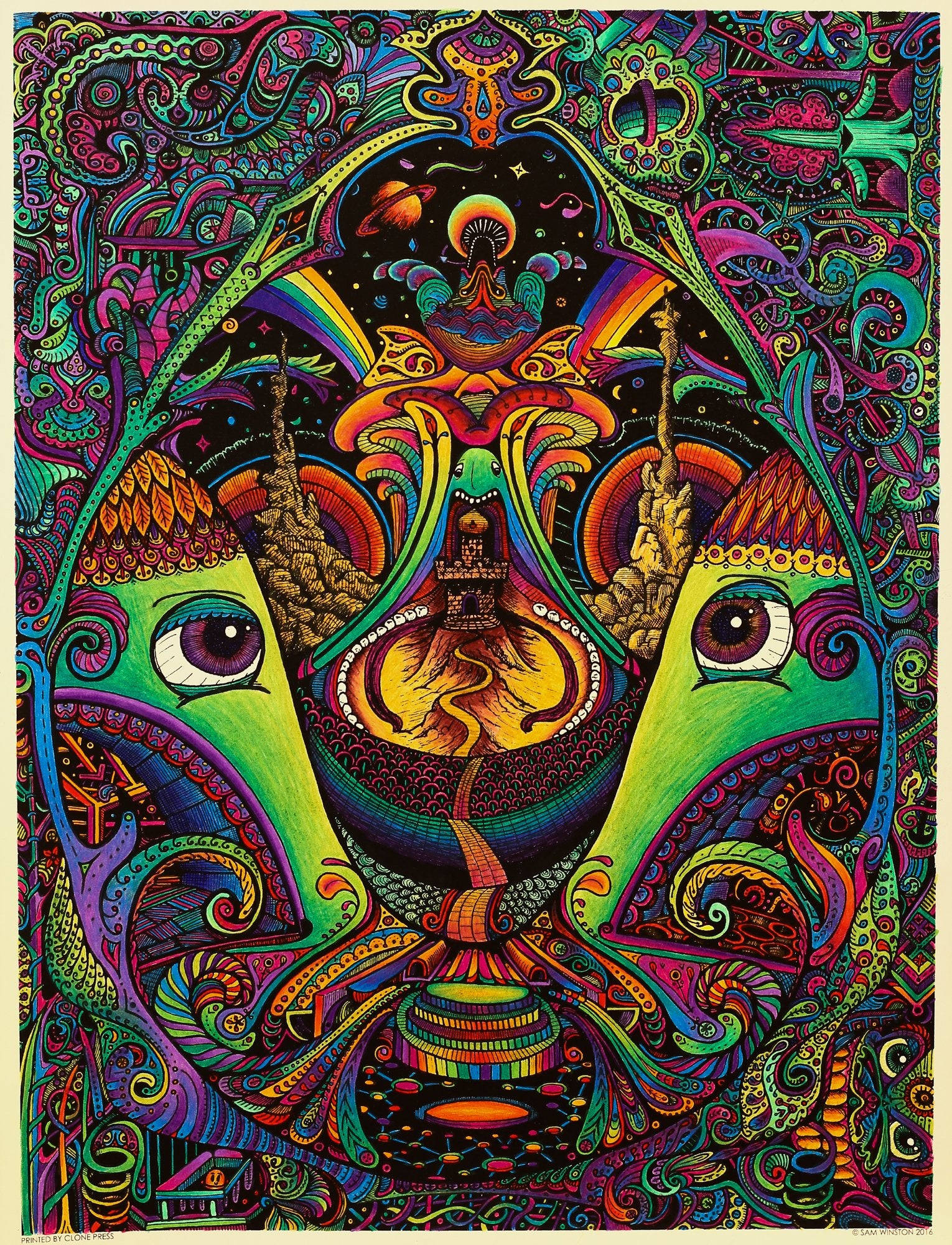 psychedelic mushroom, green faces, cosmic scene, Full HD Phone Wallpaper