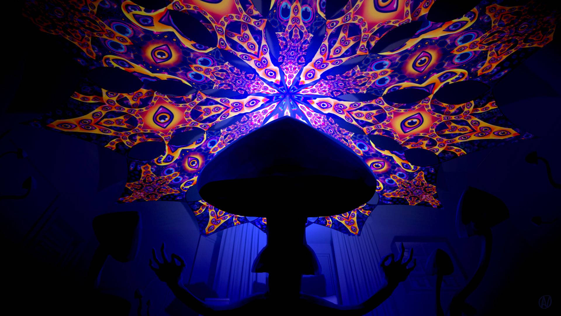 psychedelic mushroom, glowing orange, purple fractal patterns, Full HD Desktop Wallpaper