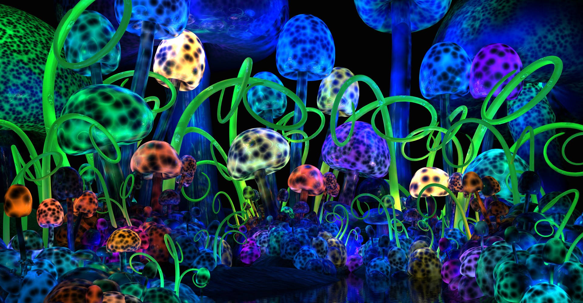 Psychedelic Mushroom, neon green vines, surreal dark fantasy forest, Full HD Desktop Wallpaper