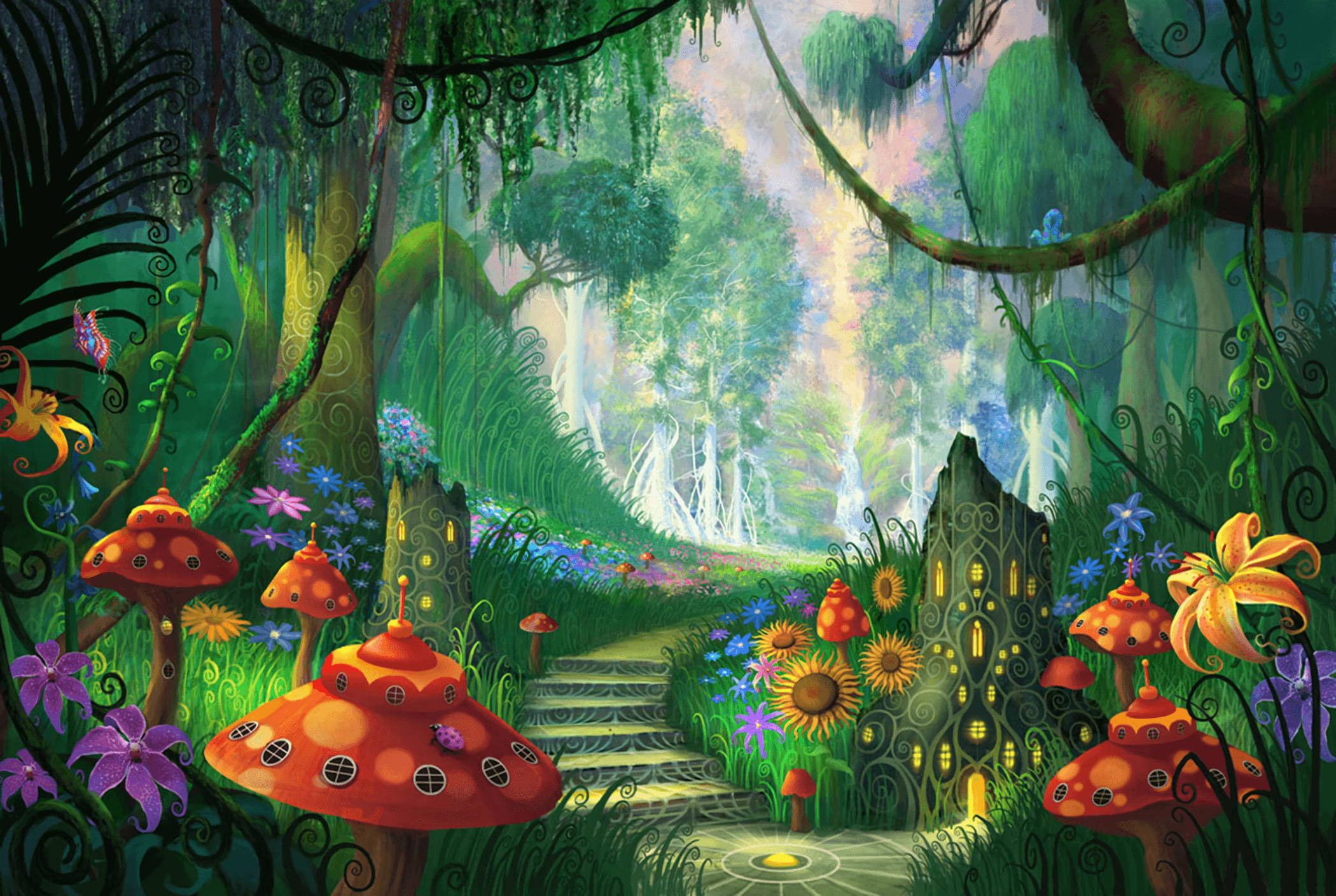 Psychedelic Mushroom, mystical forest, glowing mushroom houses, Full HD Desktop Wallpaper