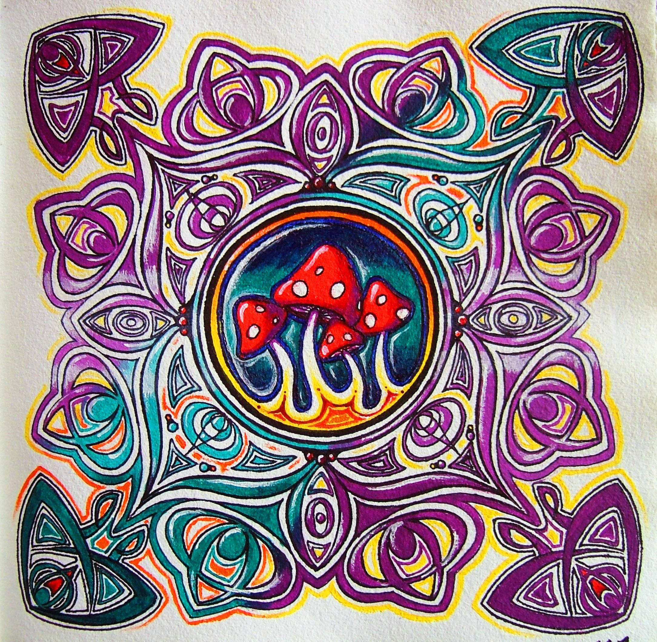 Psychedelic Mushroom, red spotted mushrooms, swirling purple teal and yellow geometric patterns, Full HD Desktop Wallpaper