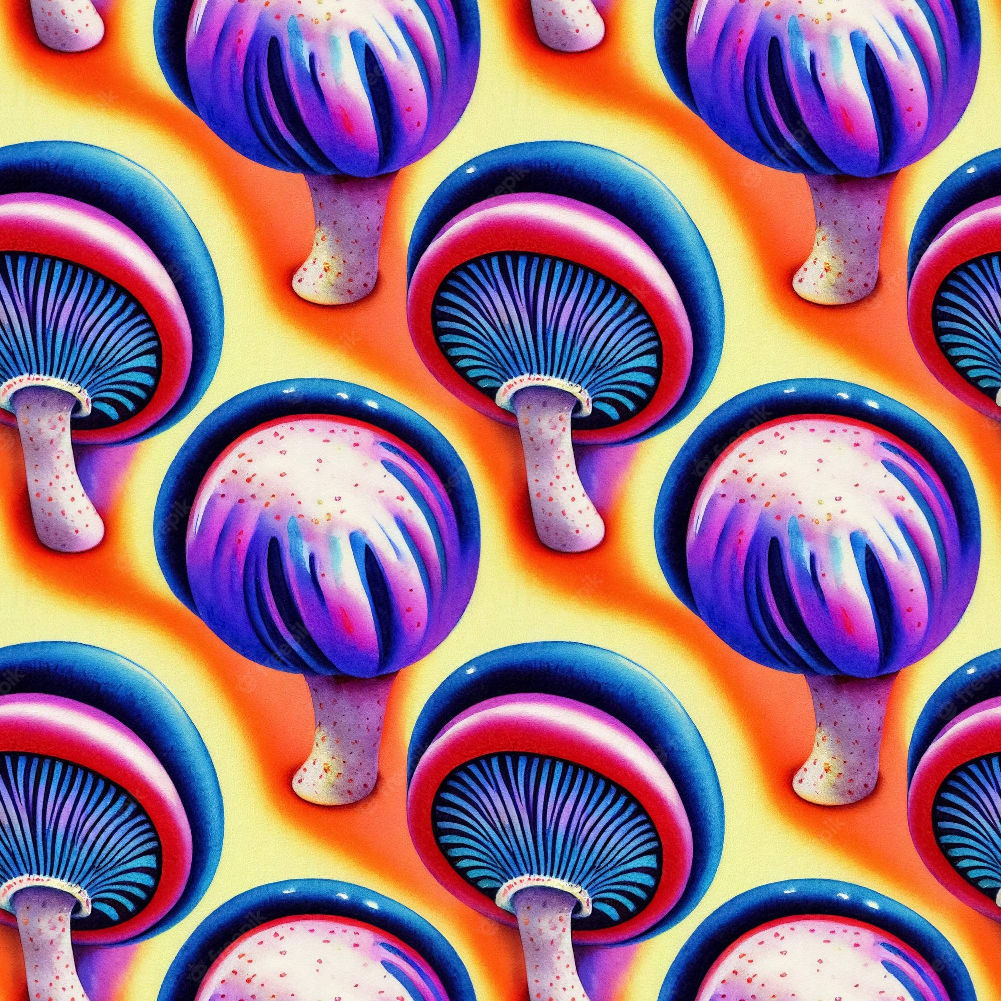 psychedelic mushroom, yellow background, purple blue caps, Full HD Desktop Wallpaper