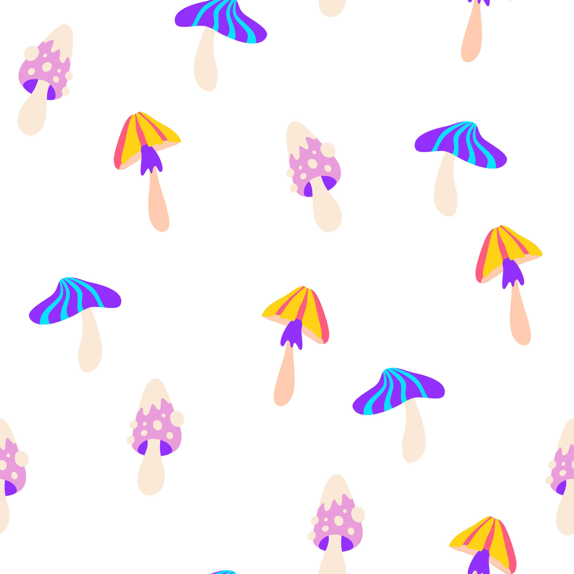 Psychedelic Mushroom, striped and spotted caps, vibrant cartoon mushrooms, Full HD Desktop Wallpaper