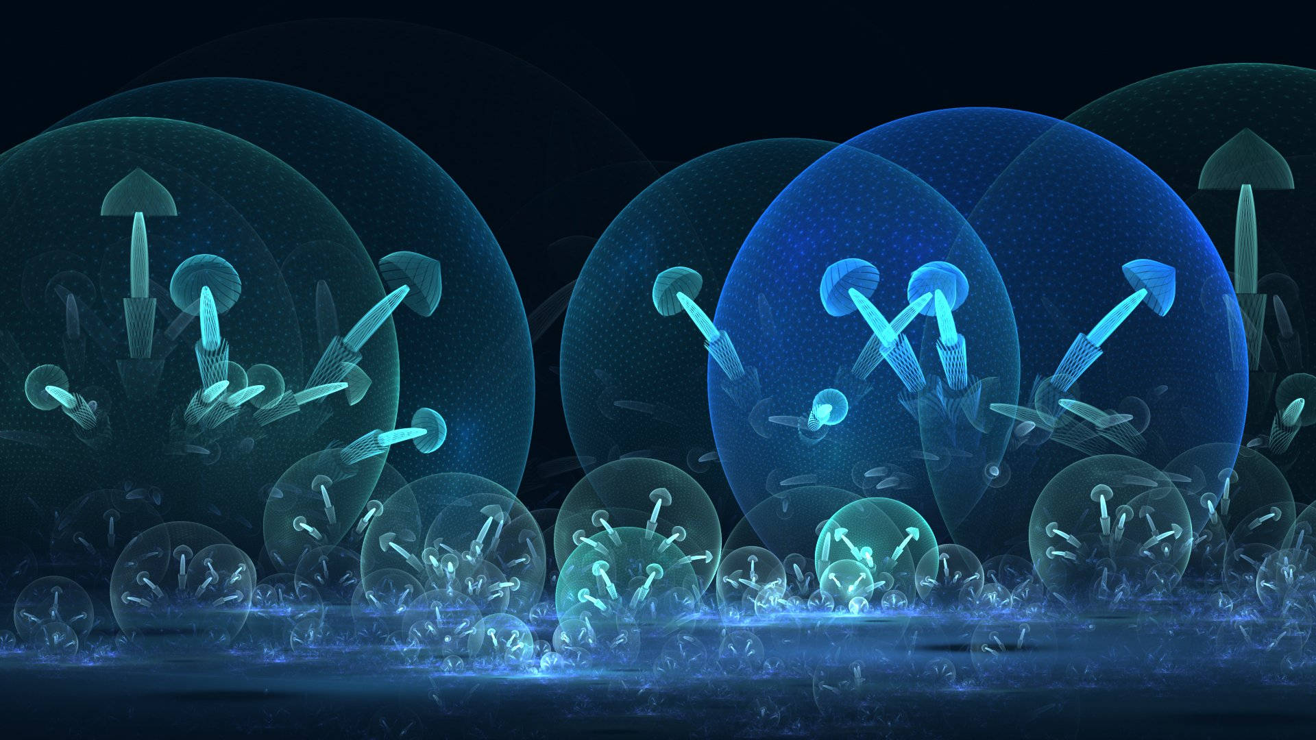 Psychedelic Mushroom, glowing blue translucent spheres, darkness, Full HD Desktop Wallpaper