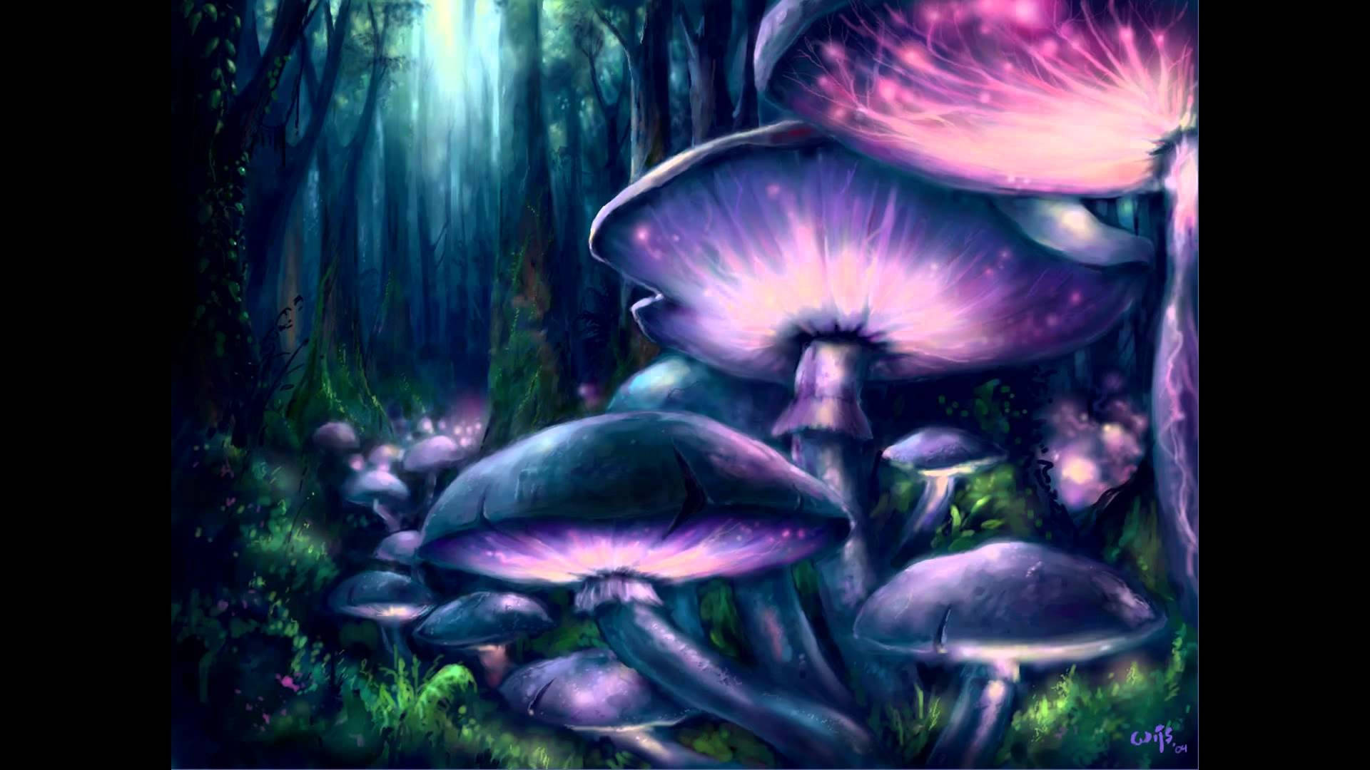 psychedelic mushroom, glowing purple mushrooms, radiant pink caps, Full HD Desktop Wallpaper