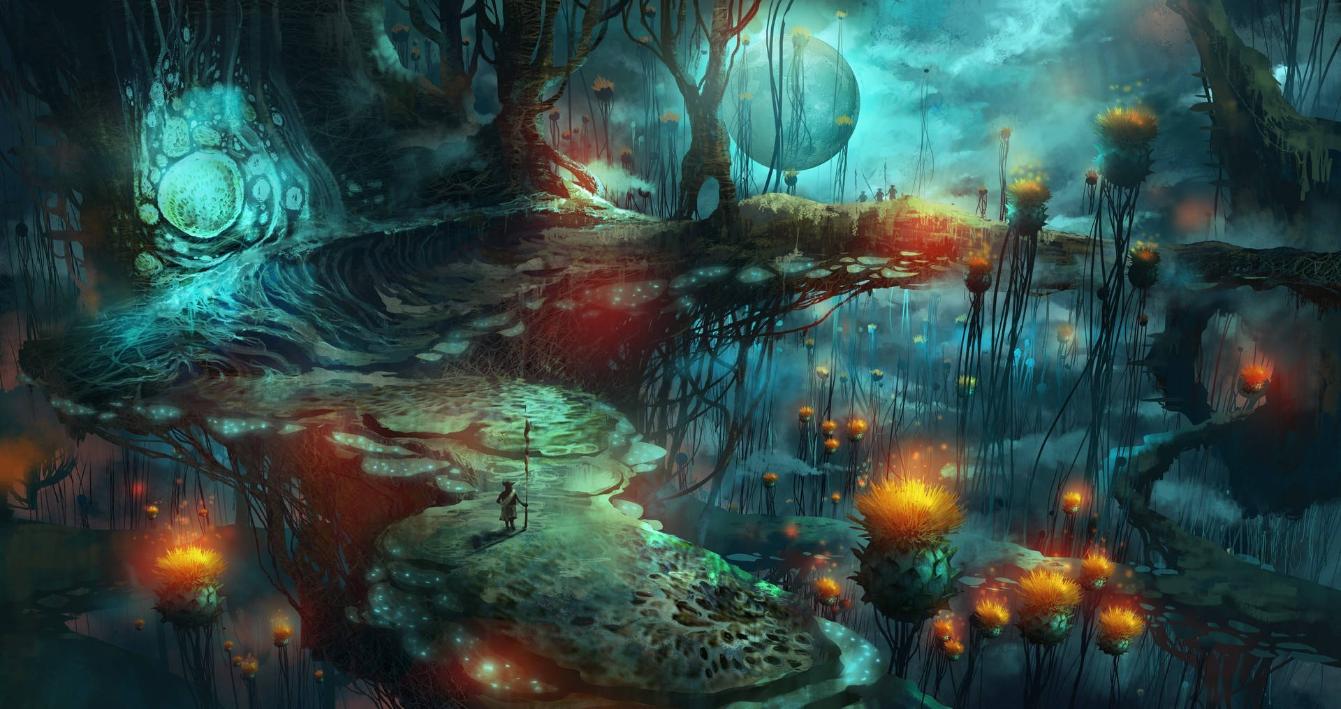 psychedelic mushroom, glowing path, surreal alien forest, Full HD Desktop Wallpaper