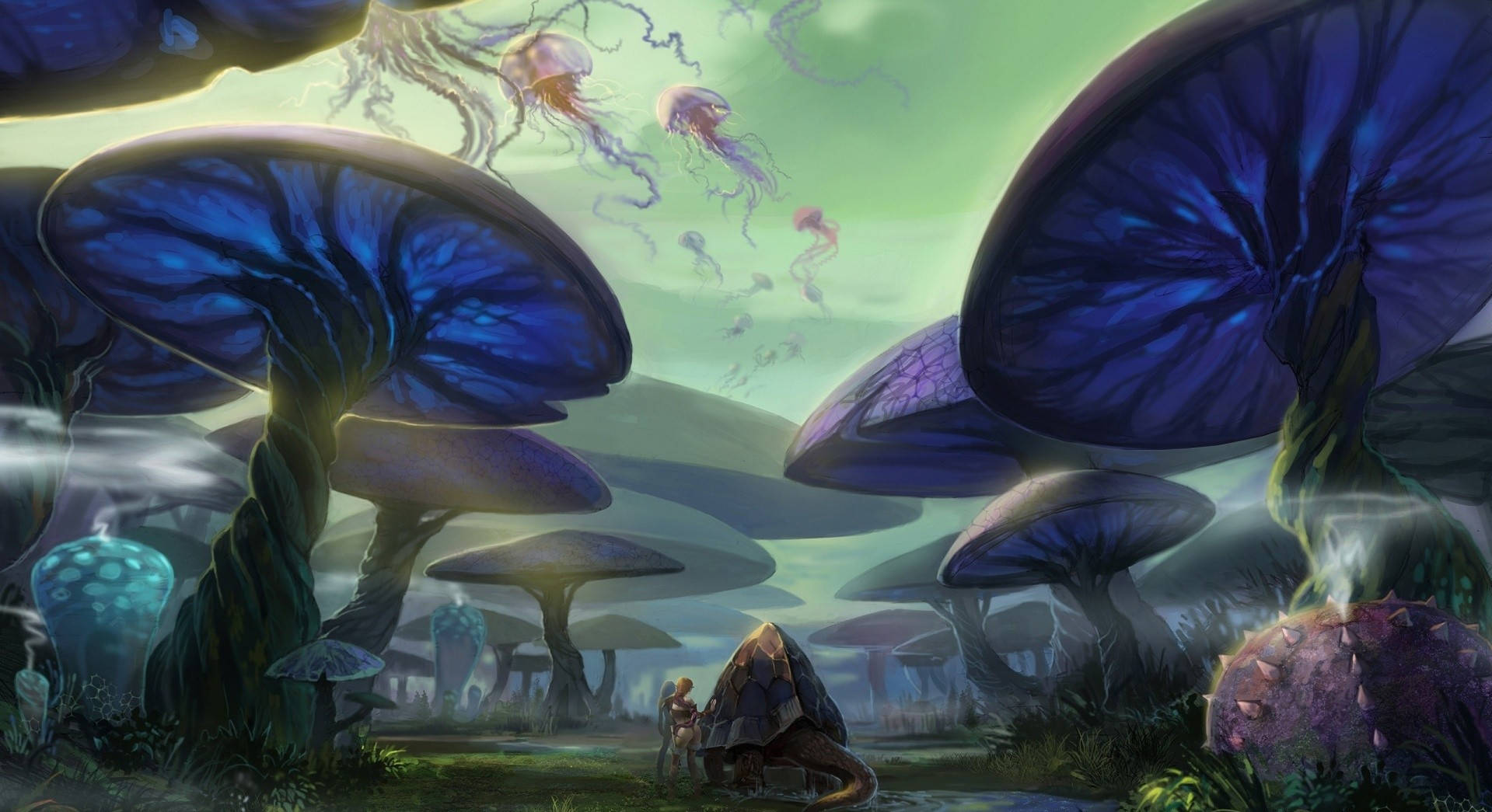 psychedelic mushroom, blue auroras, green foliage, HD Desktop Wallpaper