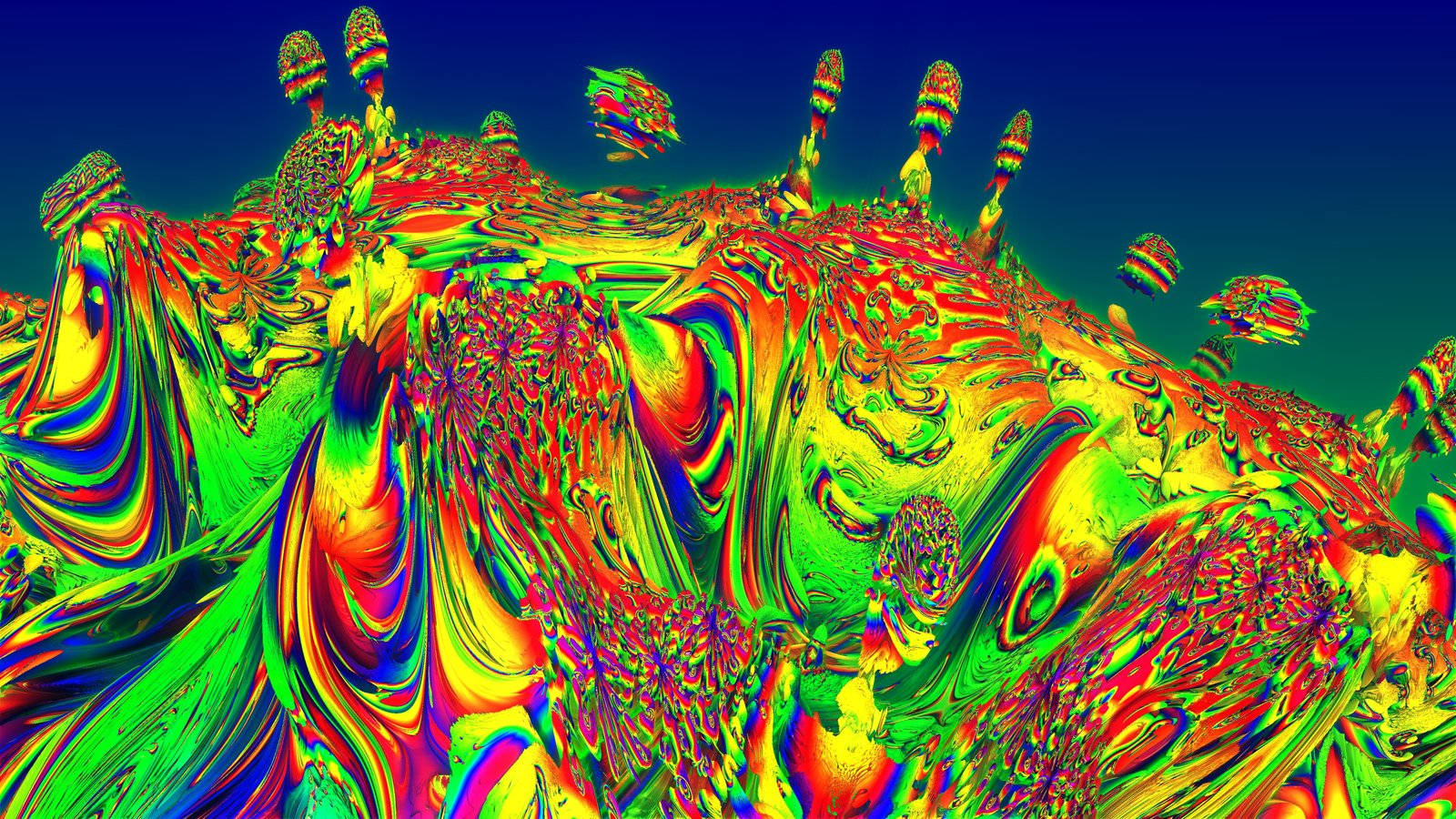 Psychedelic Mushroom, neon colors, fractal landscape, HD Desktop Wallpaper