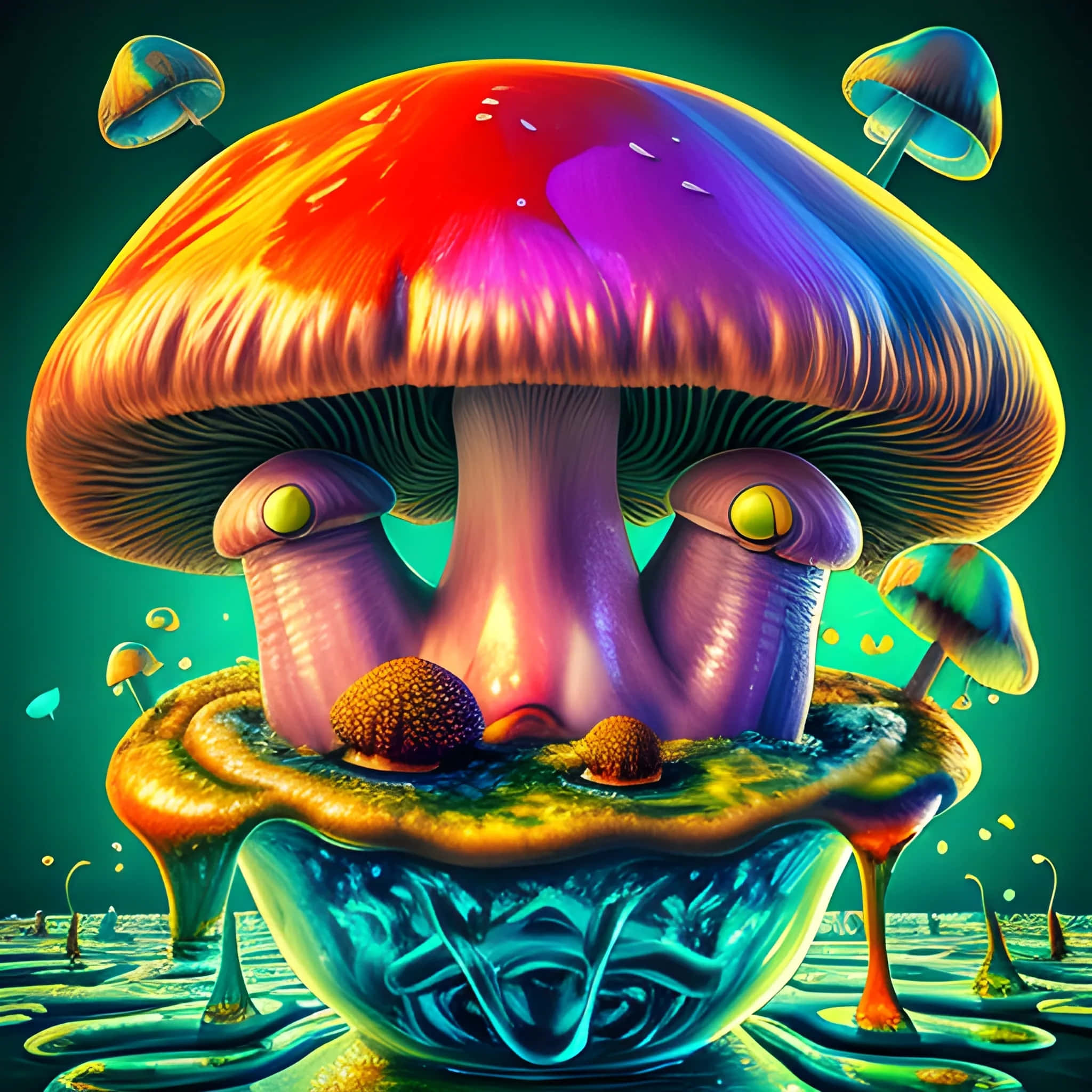 psychedelic mushroom, rainbow hues, glowing eyes, Full HD Desktop Wallpaper