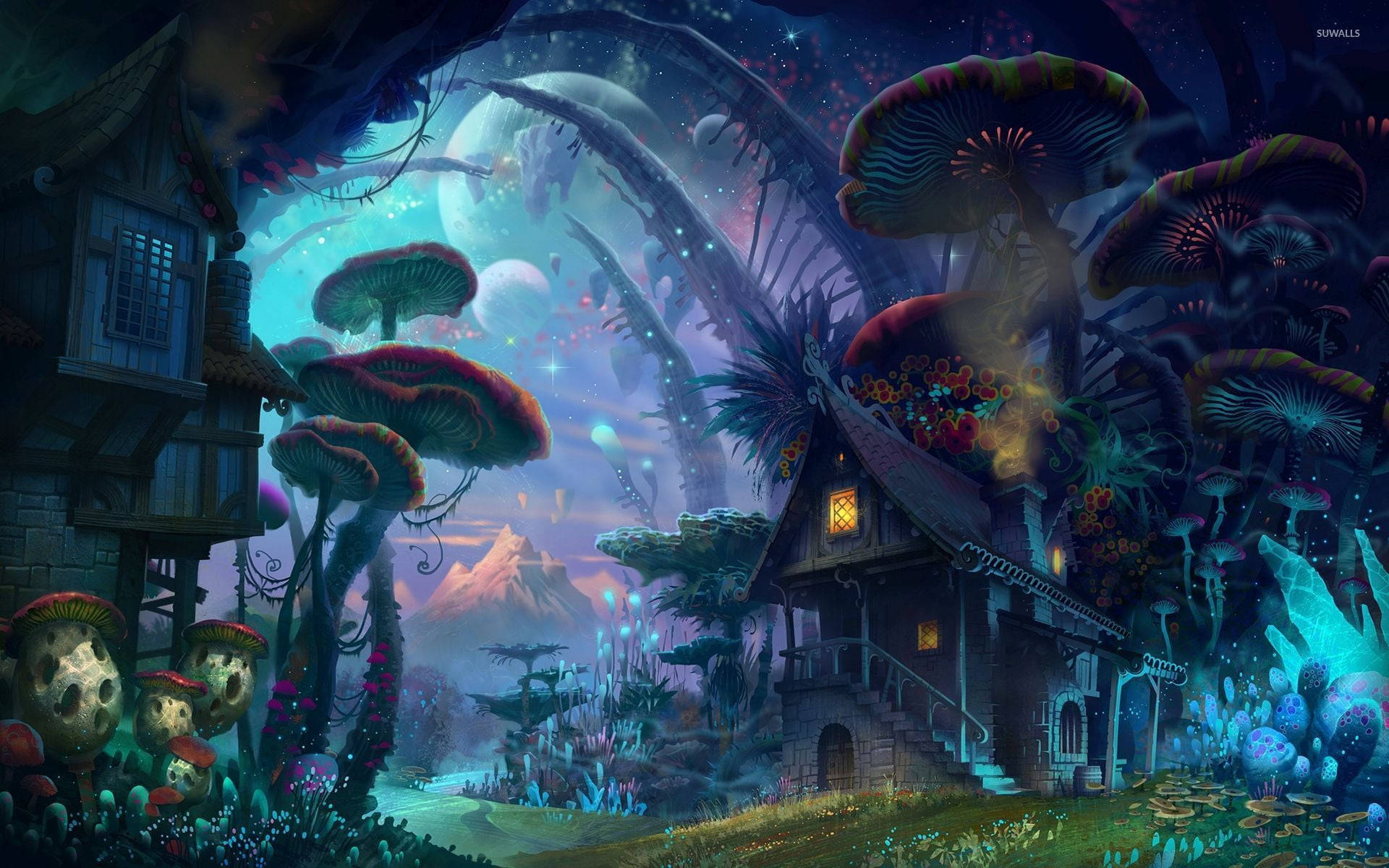 psychedelic mushroom, whimsical fantasy village, giant glowing mushrooms, Full HD Desktop Wallpaper