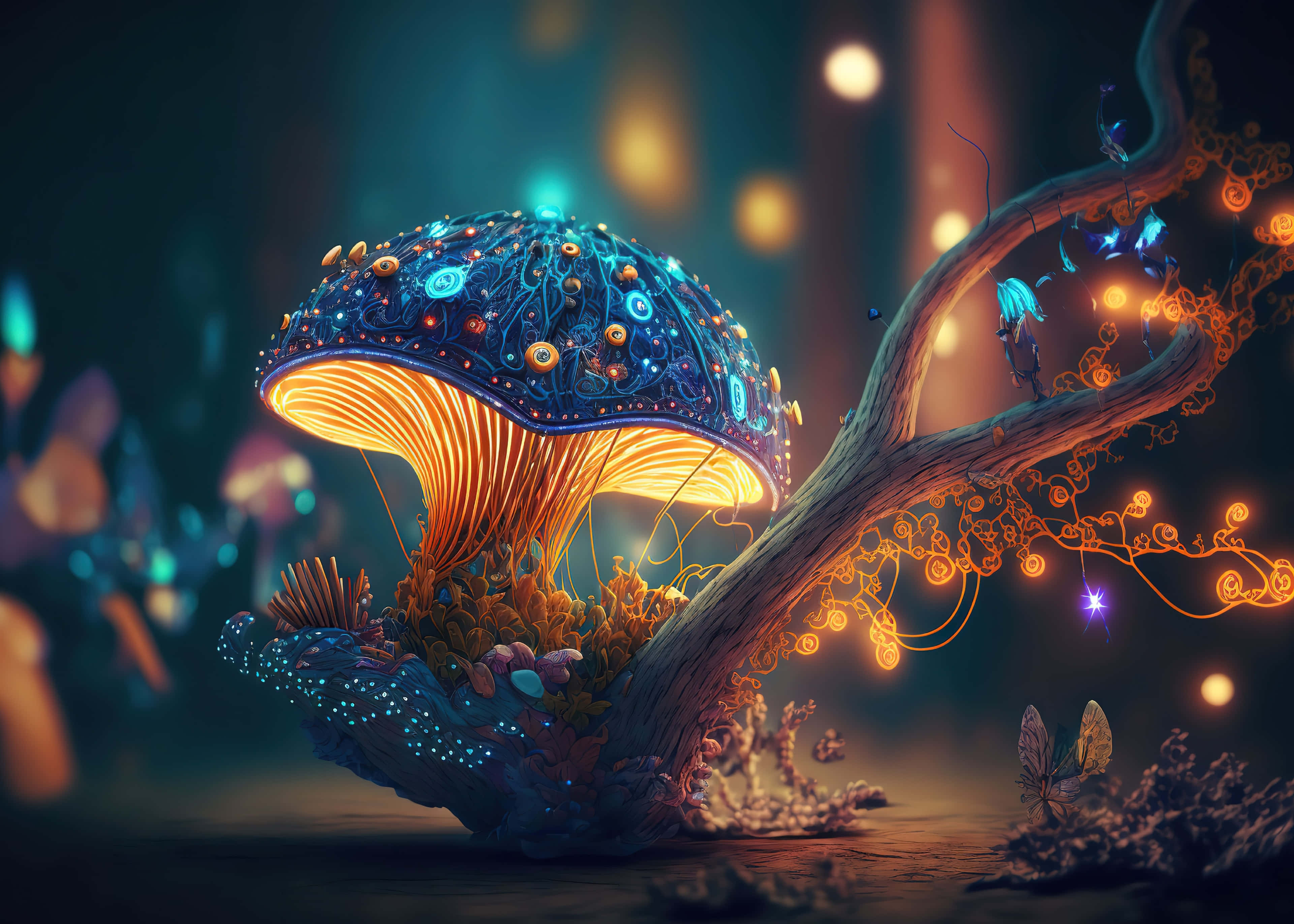 glowing blue mushroom, intricate patterns, warm inner light, 4K Desktop Wallpaper