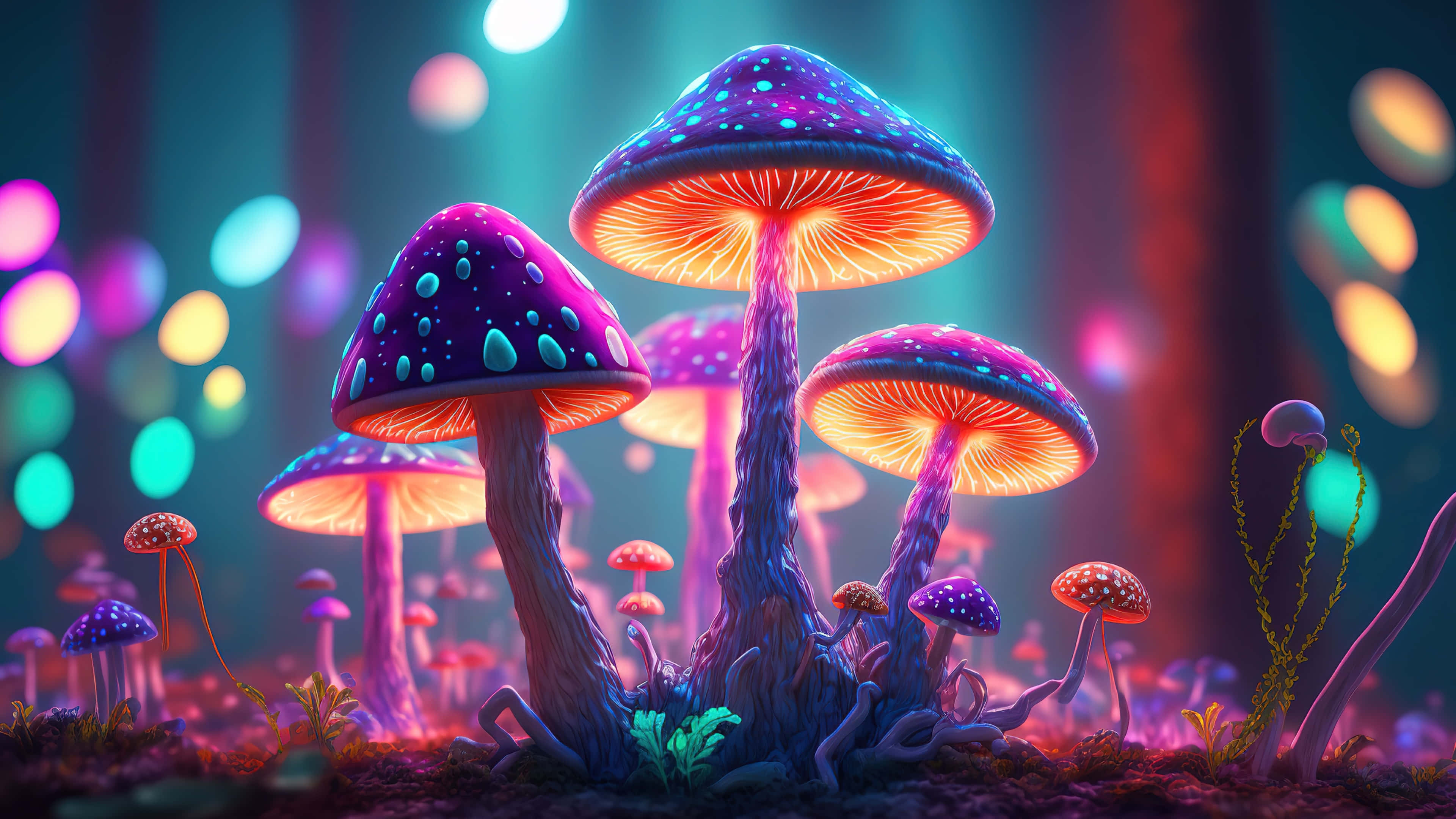 enchanted glowing mushroom forest, neon mushrooms, purple caps, 4K Desktop Wallpaper