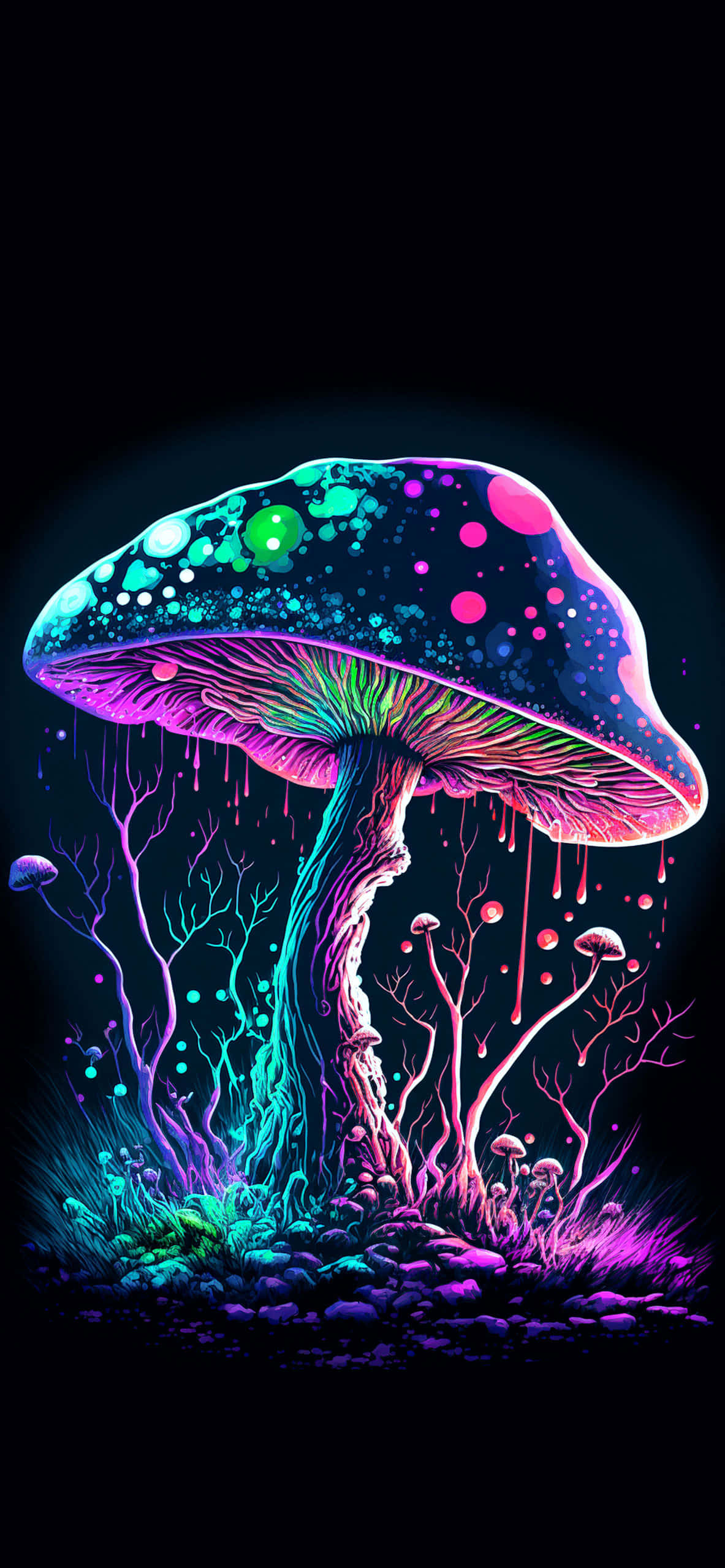 Trippy Mushrooms, neon pink green and blue spots, dark forest, 2K Phone Wallpaper