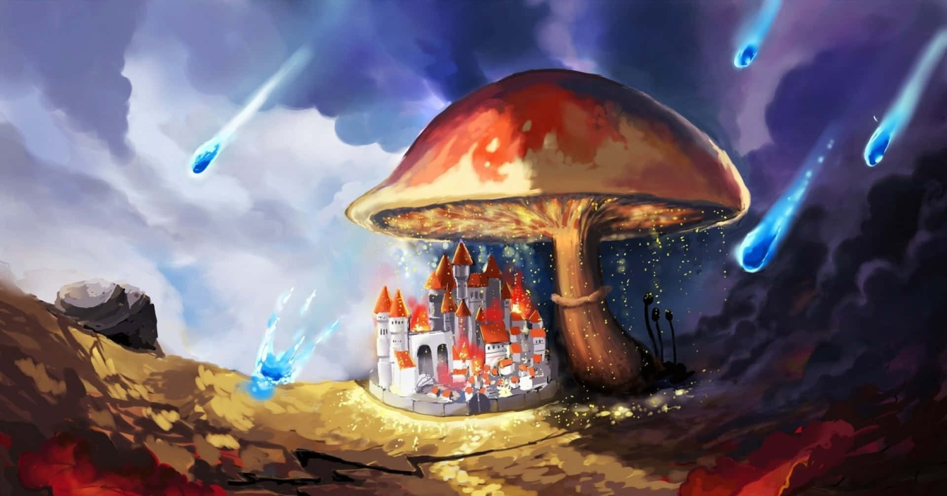 kawaii mushroom, giant glowing mushroom, whimsical castle, Full HD Desktop Wallpaper