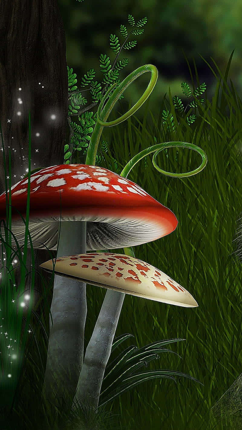 glowing red and white mushrooms, curled green vines, lush dark forest, HD Phone Wallpaper