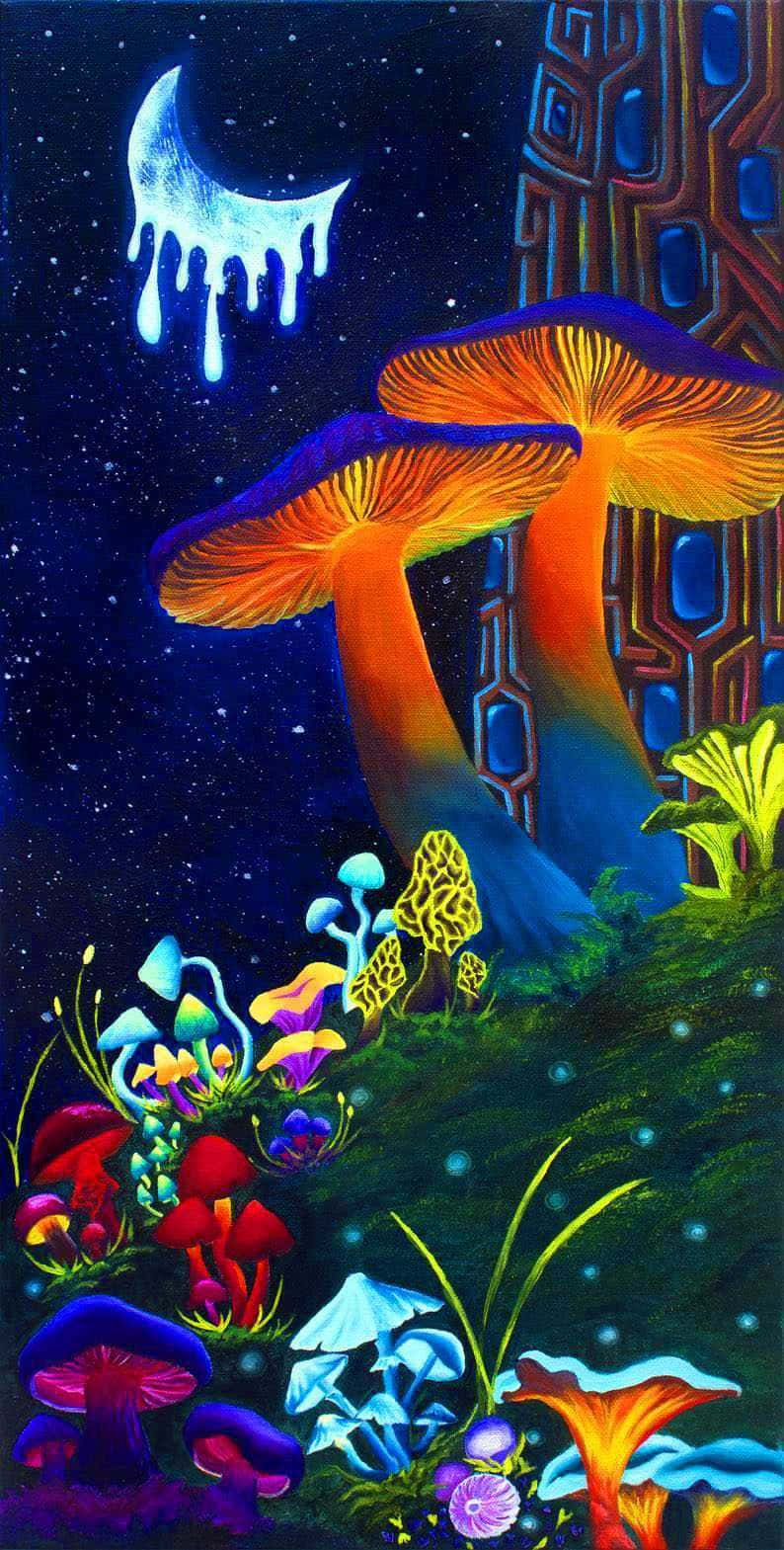 trippy mushroom, dripping crescent moon, surreal night forest, HD Phone Wallpaper