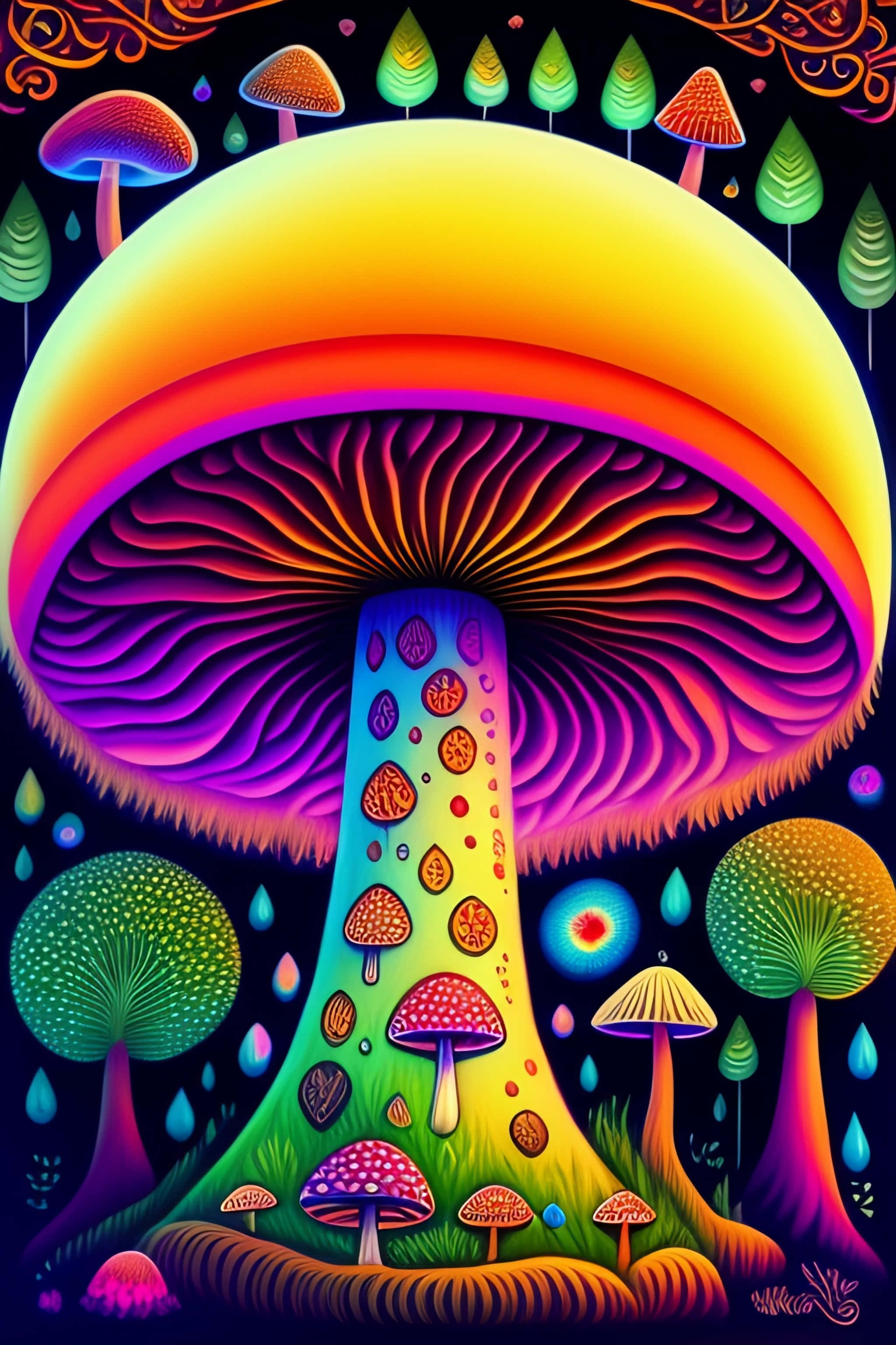 psychedelic mushroom, rainbow hues, surreal forest, 2K Phone Wallpaper