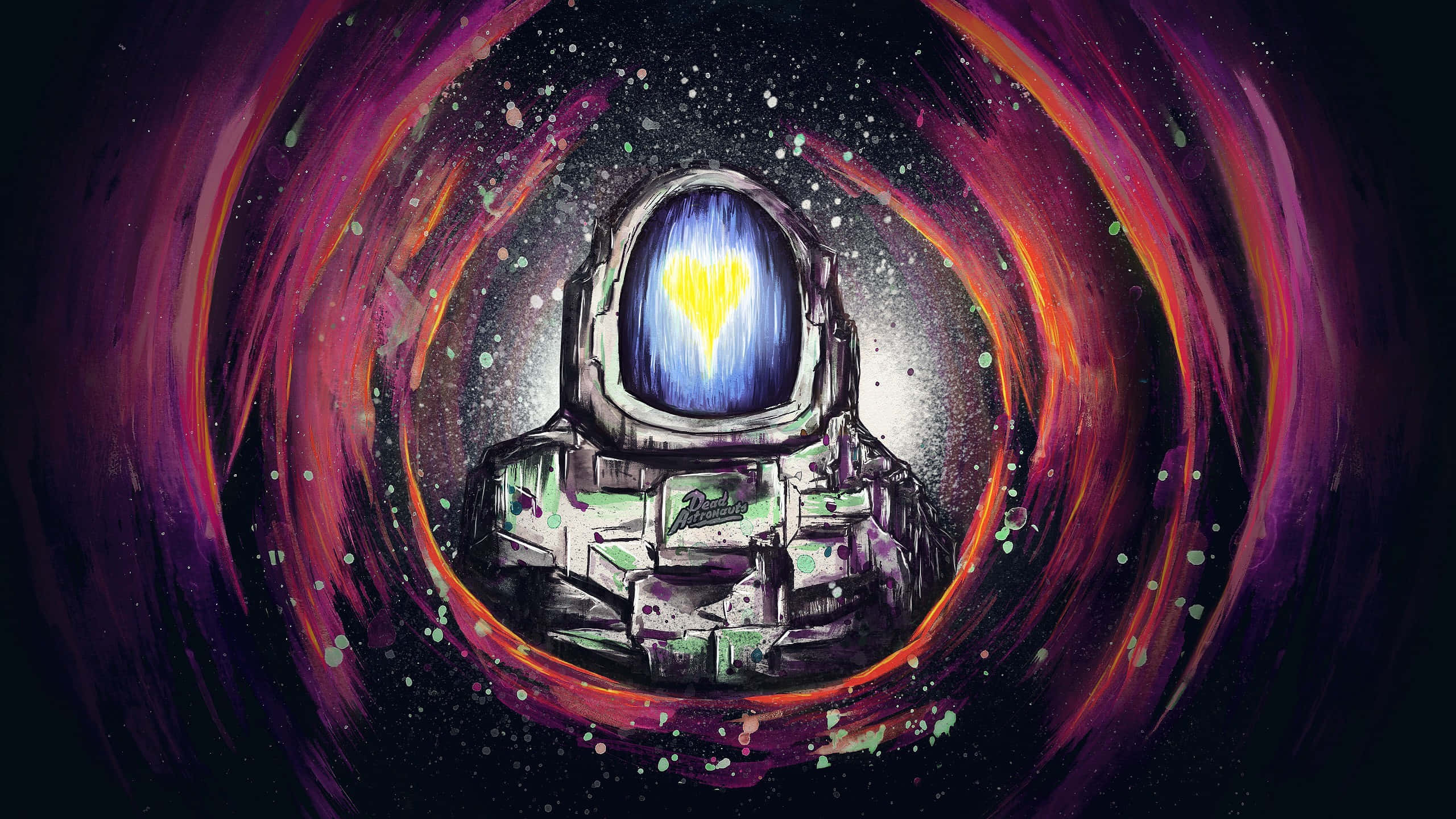 Psychedelic Space, glowing yellow heart, swirling cosmic tunnel, 2K Desktop Wallpaper