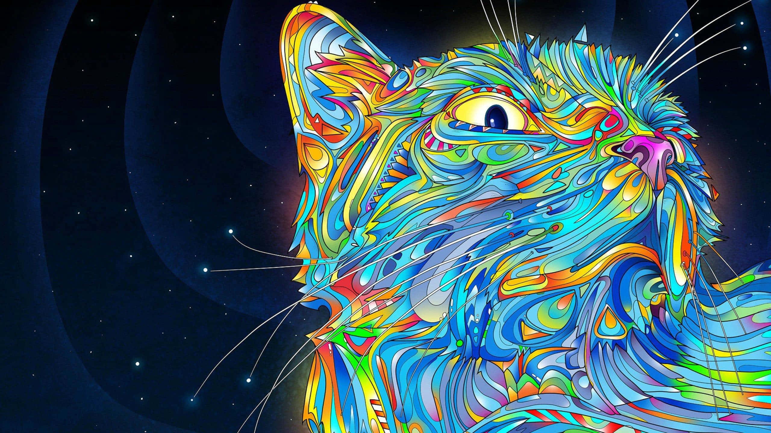 Psychedelic Space, vibrantly colored cat, swirling psychedelic patterns, 2K Desktop Wallpaper