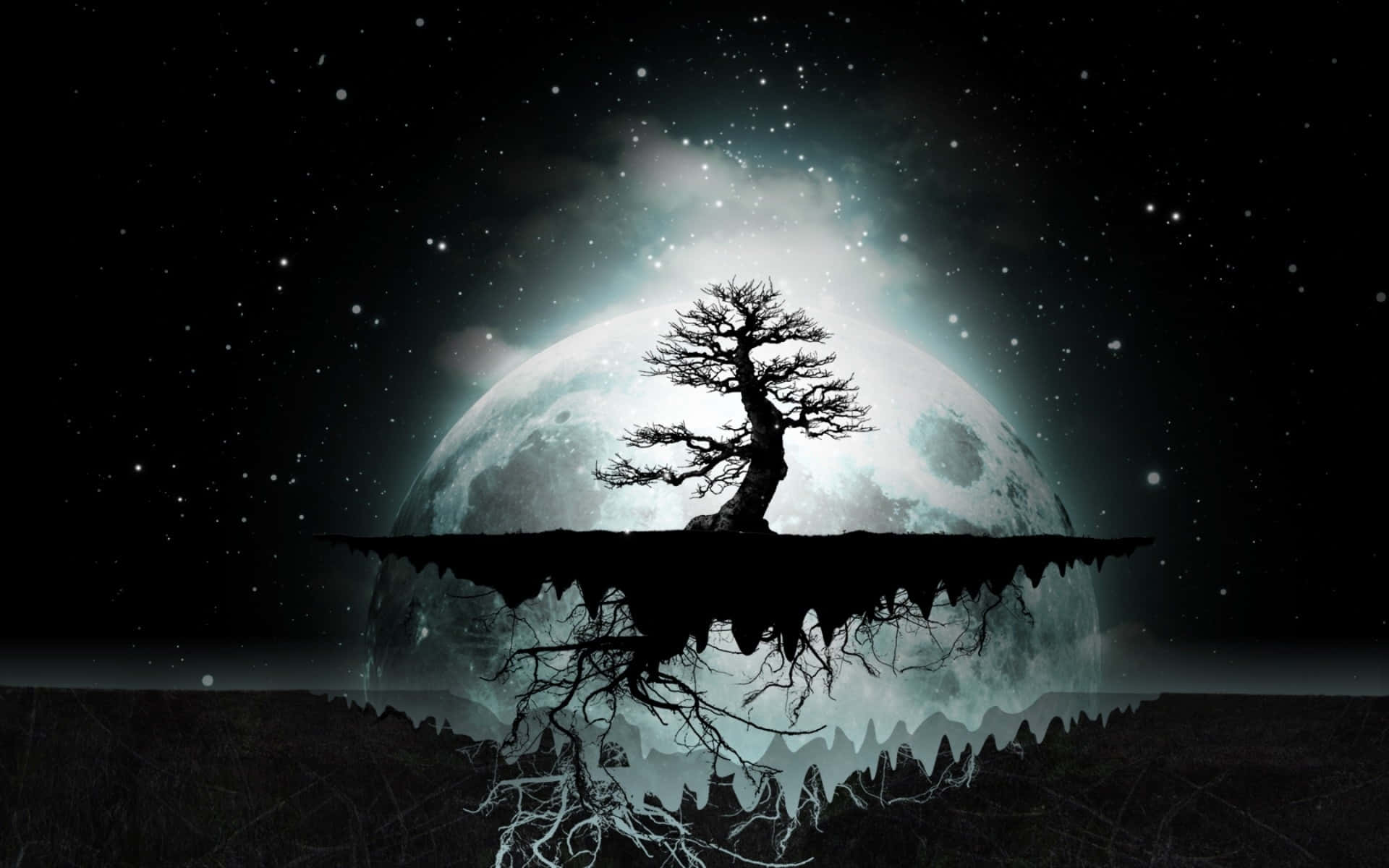 Psychedelic Space, floating island, glowing moon, Full HD Desktop Wallpaper