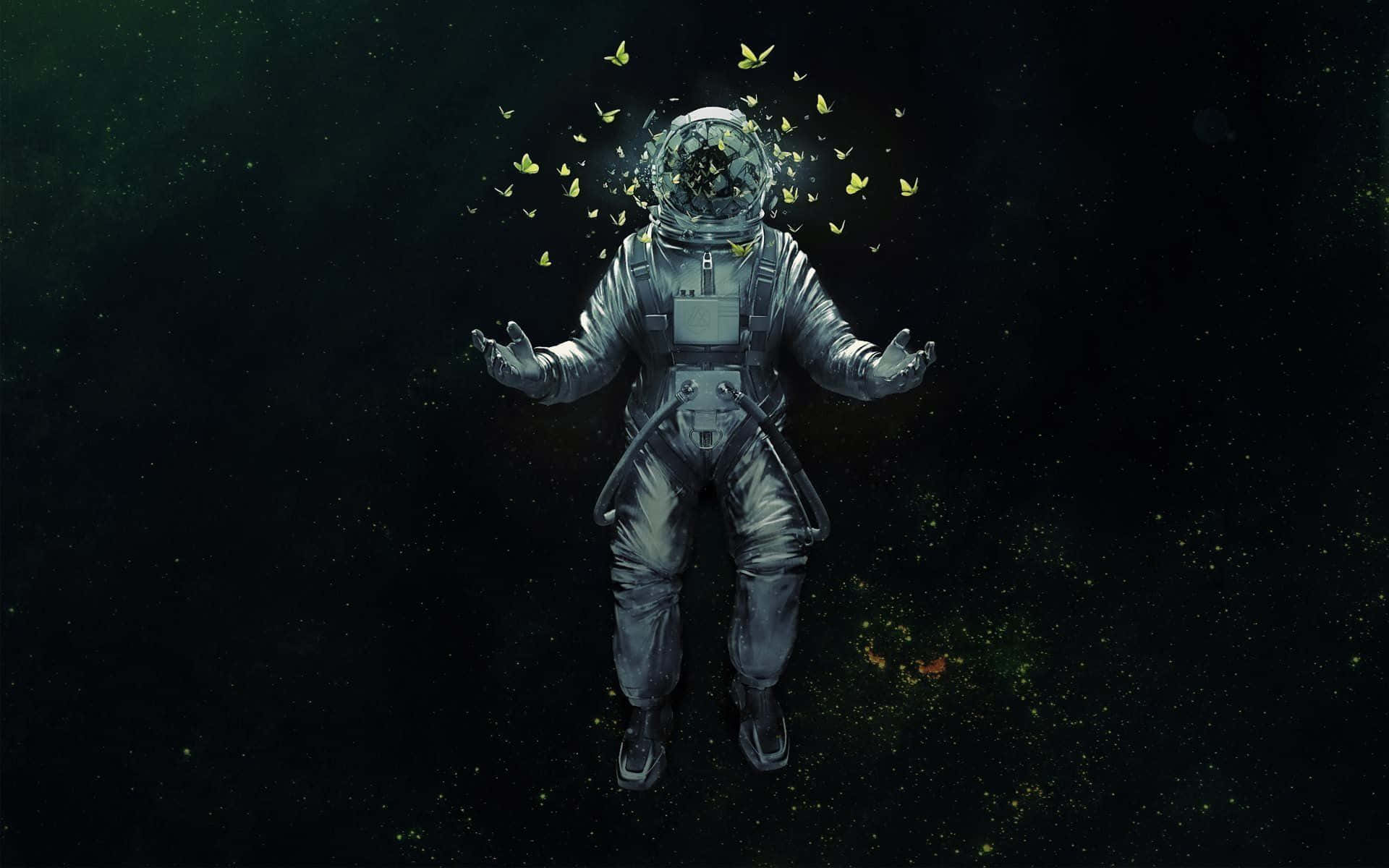 astronaut suit, butterflies, helmet, Full HD Desktop Wallpaper