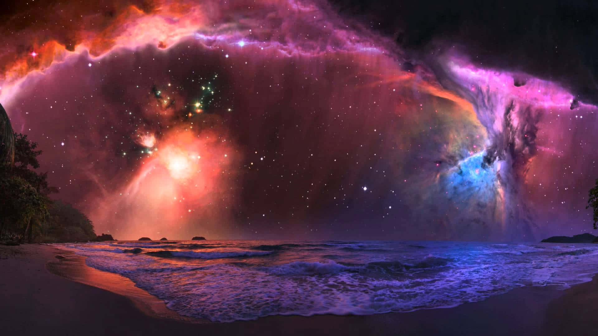 Psychedelic Space, cosmic nebulae, fiery reds, Full HD Desktop Wallpaper