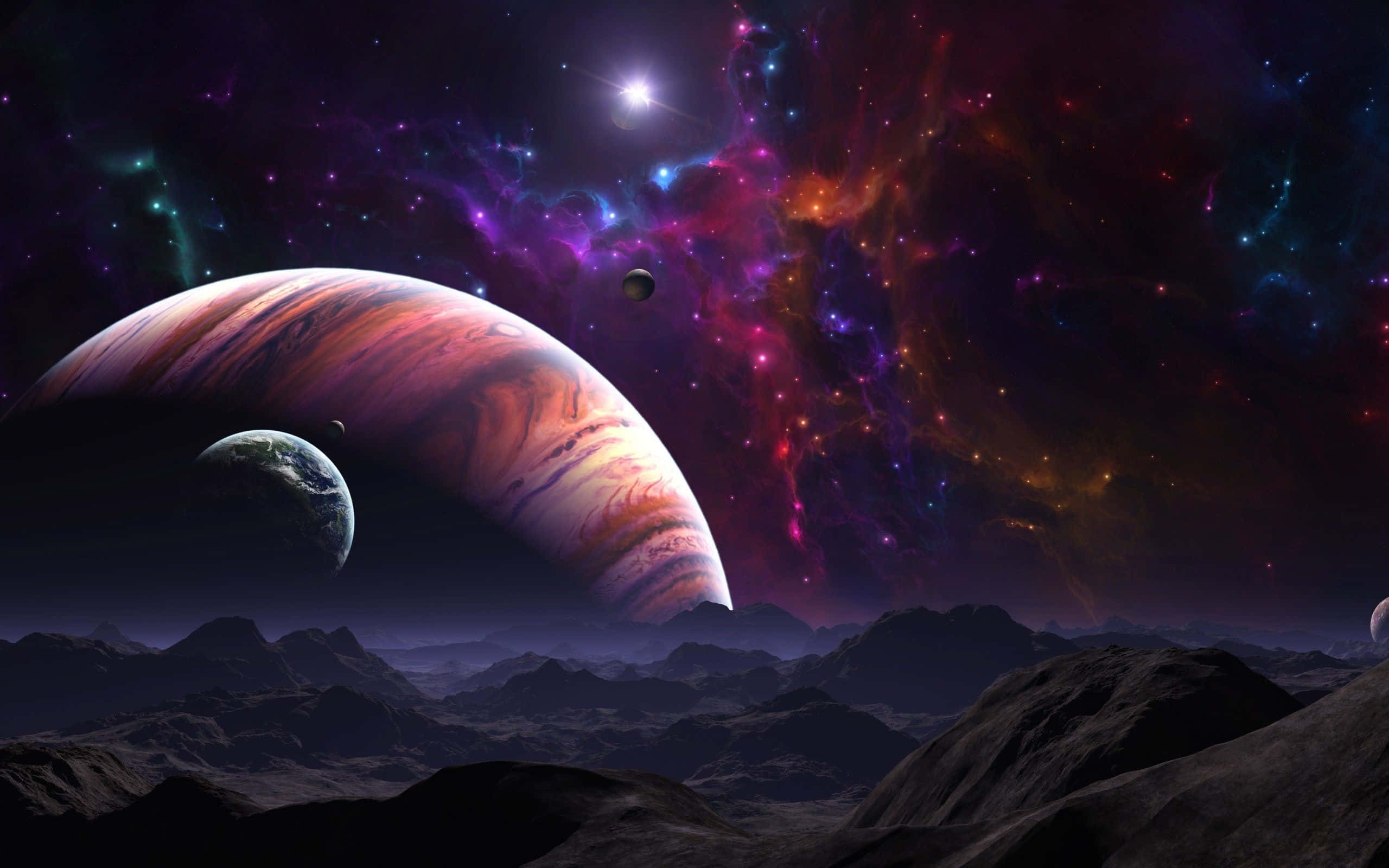 Psychedelic Space, striped gas giant, glowing nebula, 2K Desktop Wallpaper