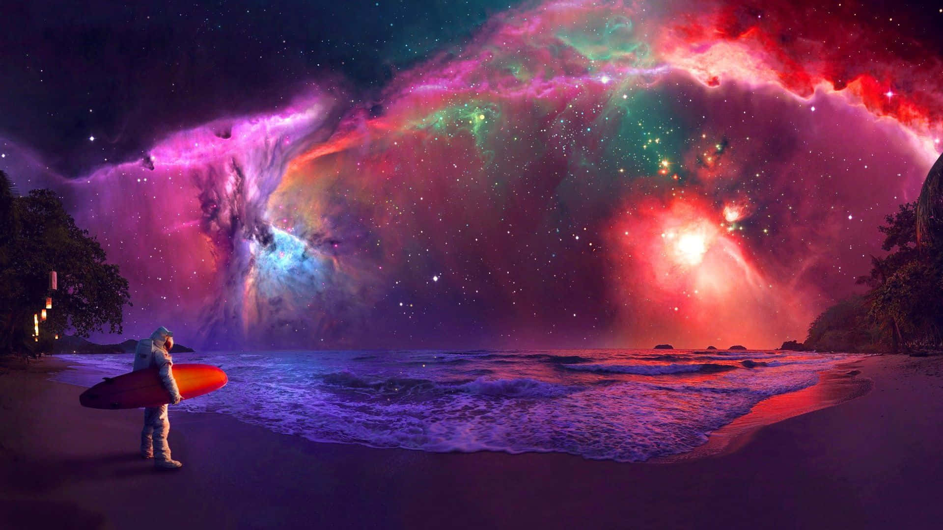 Psychedelic Space, surreal cosmic nebula, pink green and red hues, Full HD Desktop Wallpaper