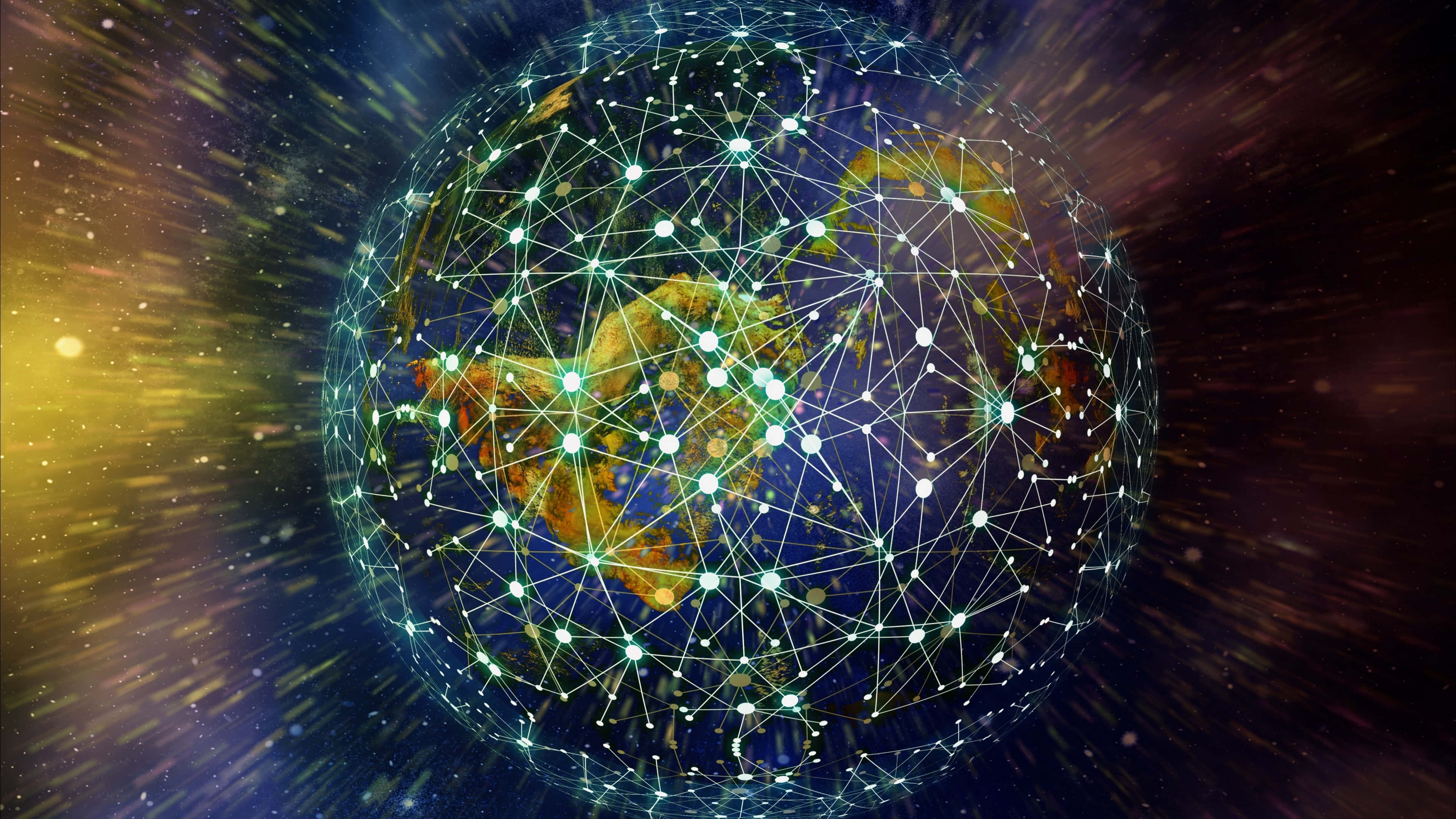 Psychedelic Space, glowing digital globe, interconnected nodes, 4K Desktop Wallpaper