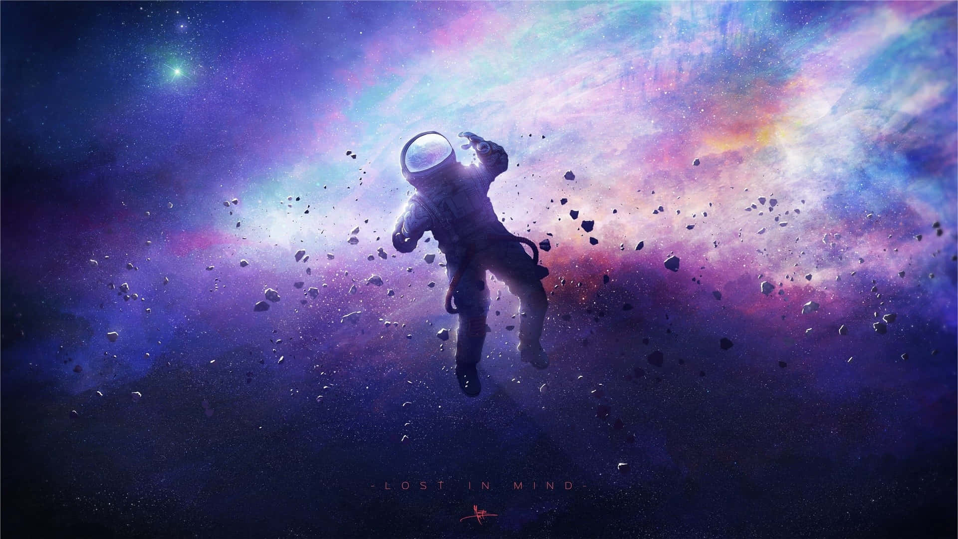 astronaut, cosmic debris, vibrant purple and pink nebula, Full HD Desktop Wallpaper