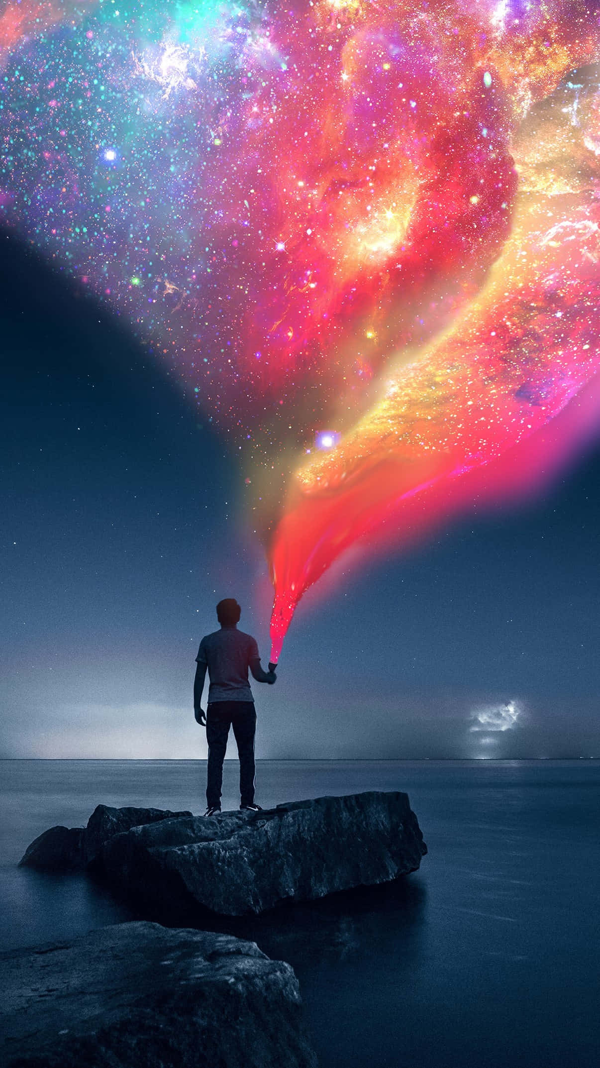 Psychedelic Space, cosmic heart-shaped nebula, rocky shore, Full HD Phone Wallpaper