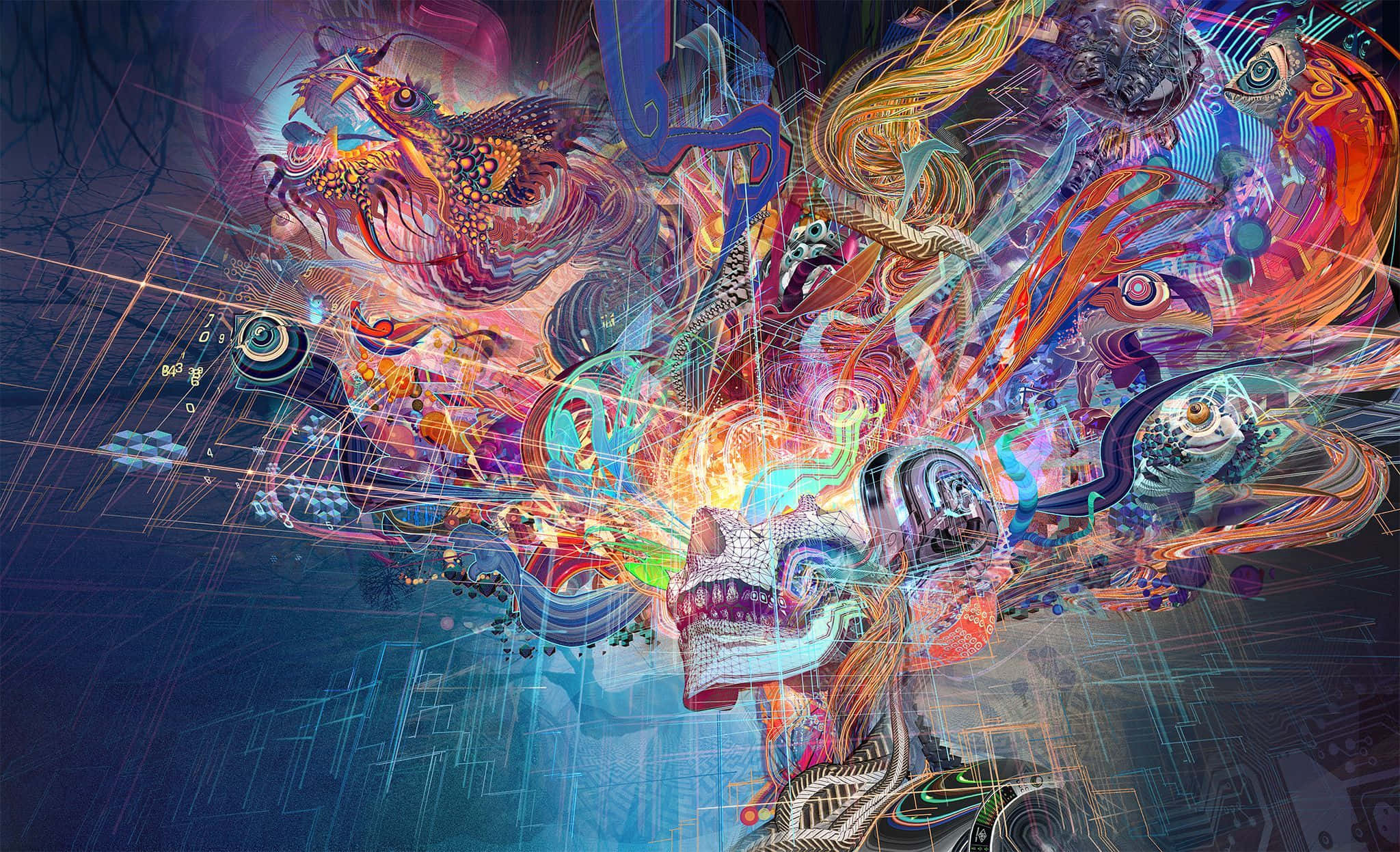 psychedelic space, skull, vibrant colors, Full HD Desktop Wallpaper