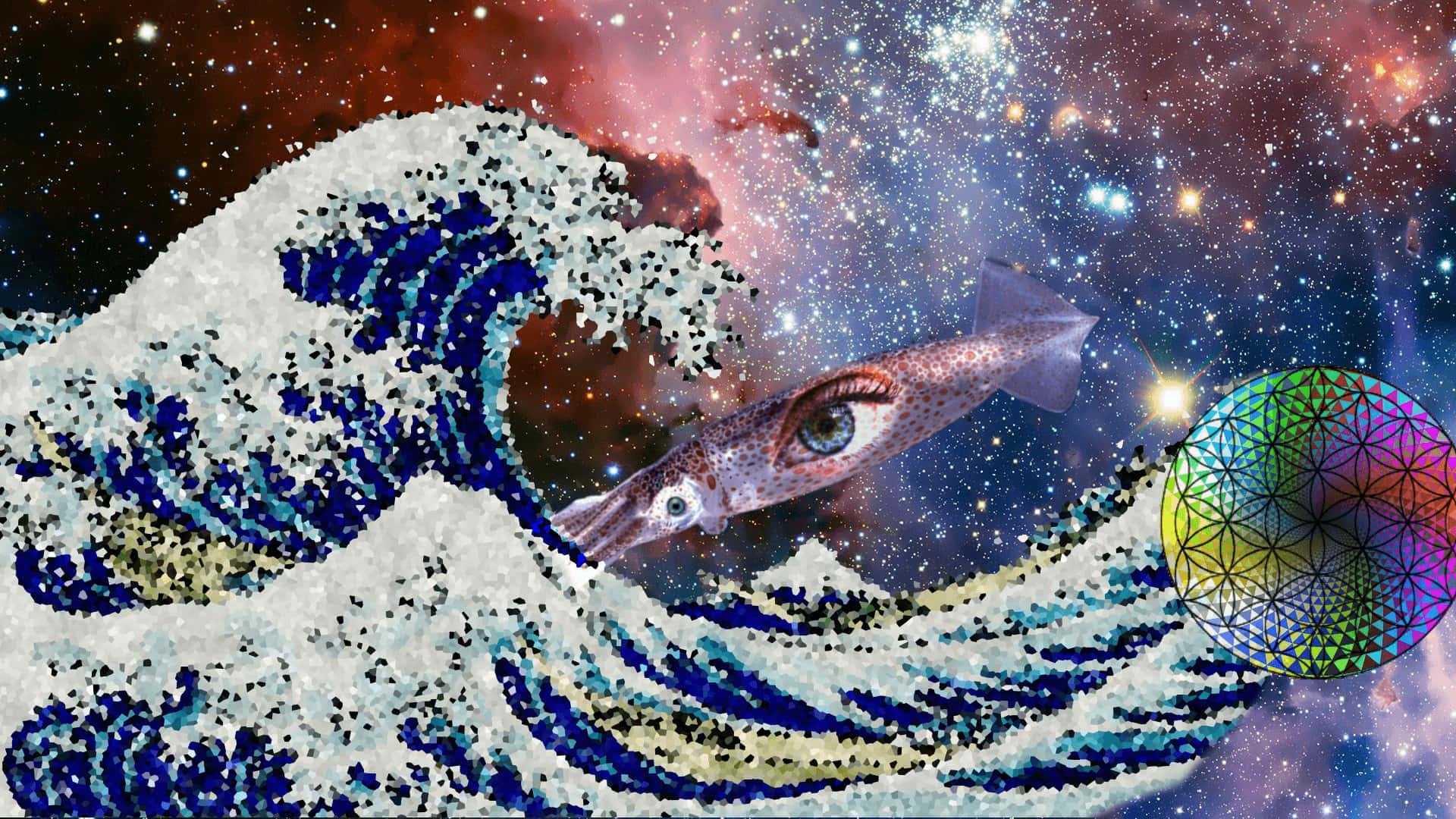Psychedelic Space, eye squid, surreal cosmic wave, Full HD Desktop Wallpaper