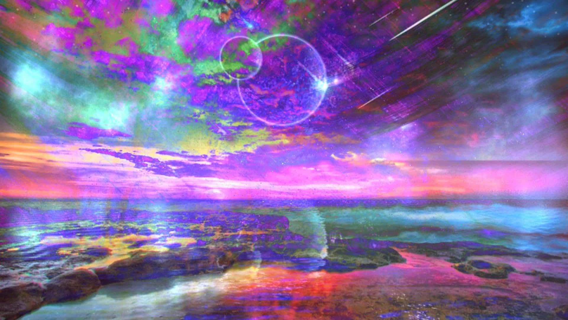 psychedelic space, vibrant purple green and pink nebulae, glowing alien ocean, Full HD Desktop Wallpaper