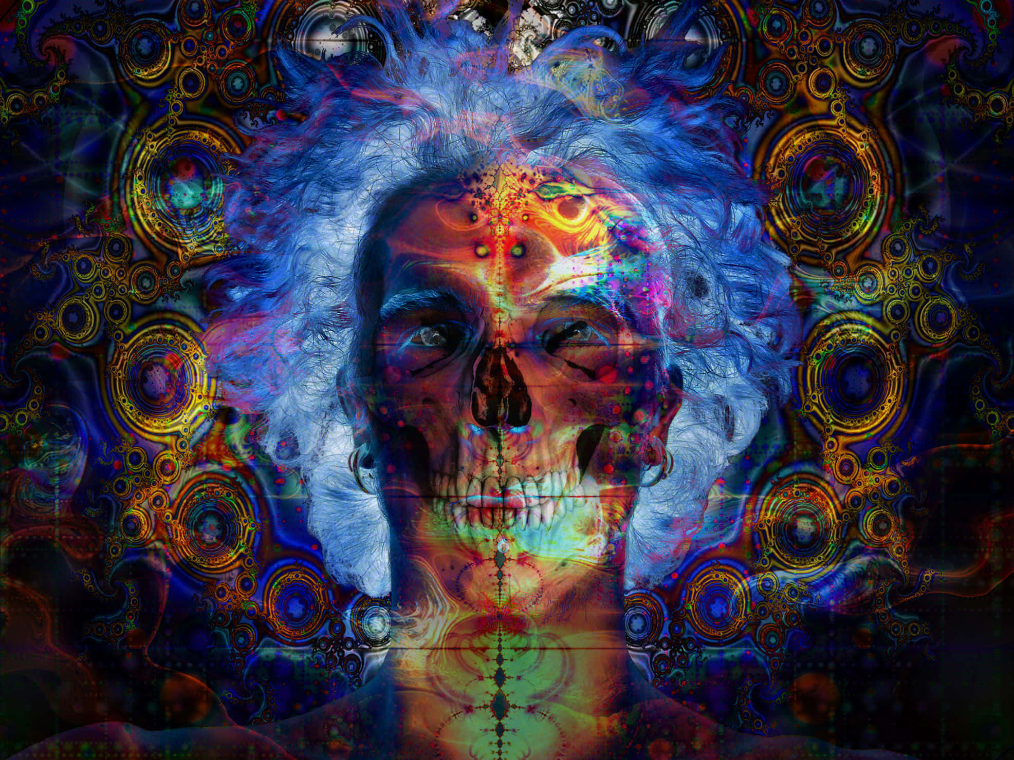 psychedelic space, skull, wild blue hair, Full HD Desktop Wallpaper