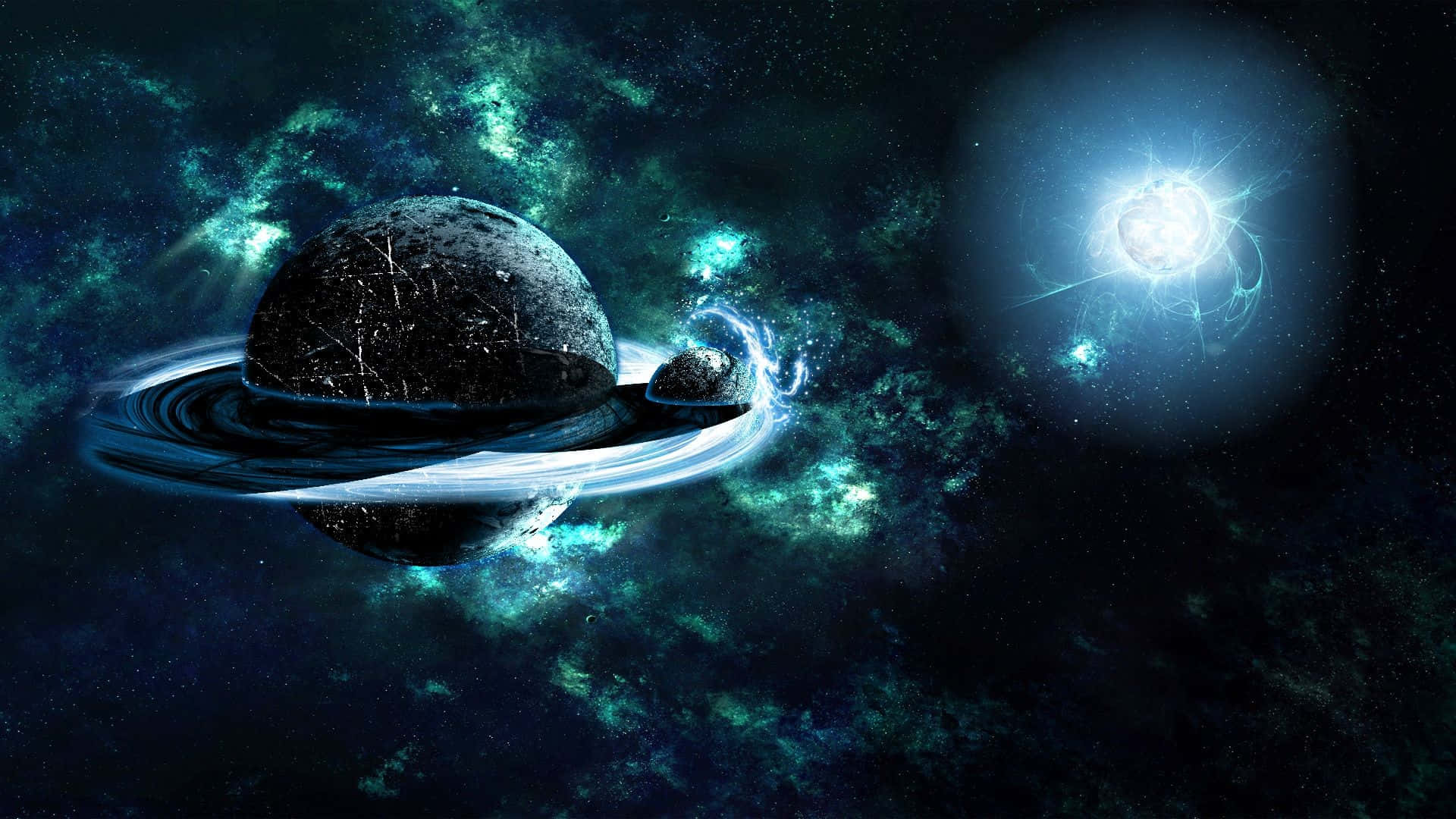 psychedelic space, dark ringed planet, bright star, Full HD Desktop Wallpaper