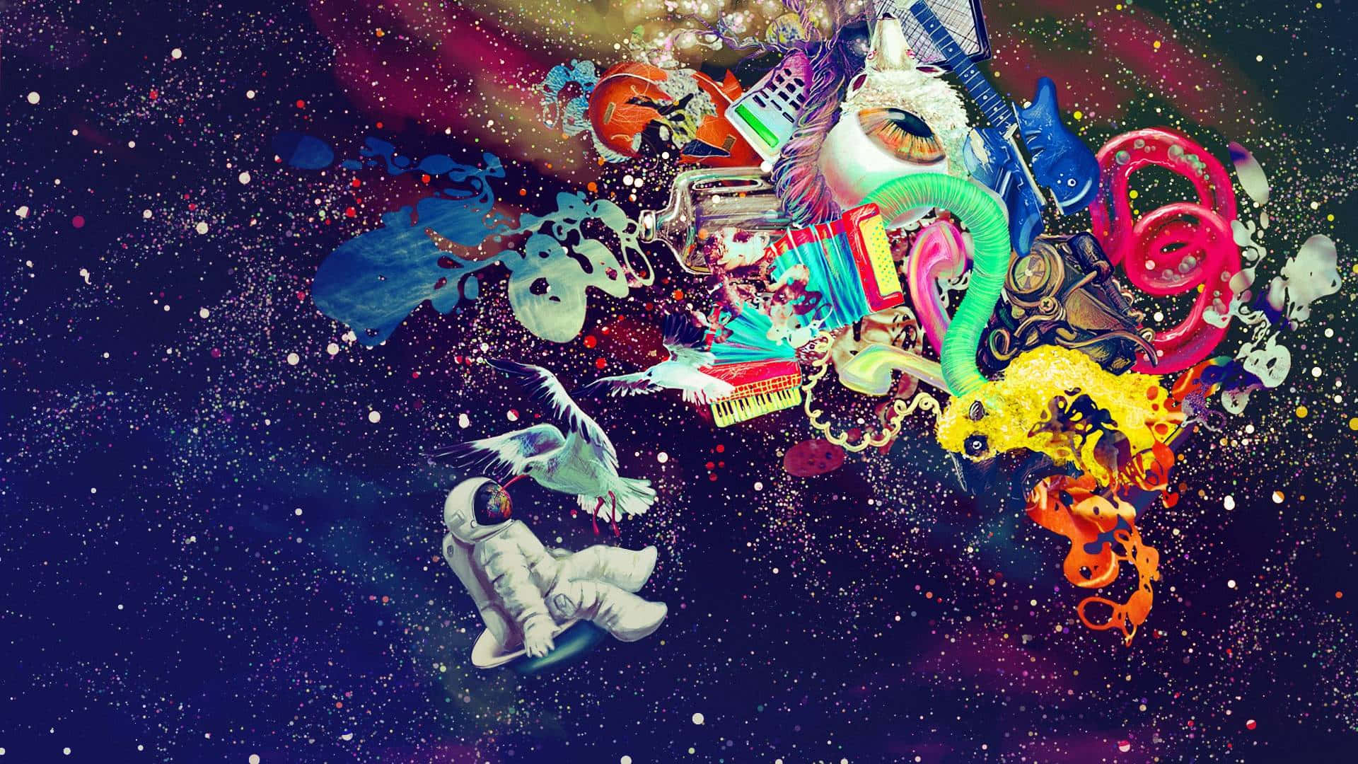 Psychedelic Space, cosmic explosion, vibrant musical instruments, Full HD Desktop Wallpaper