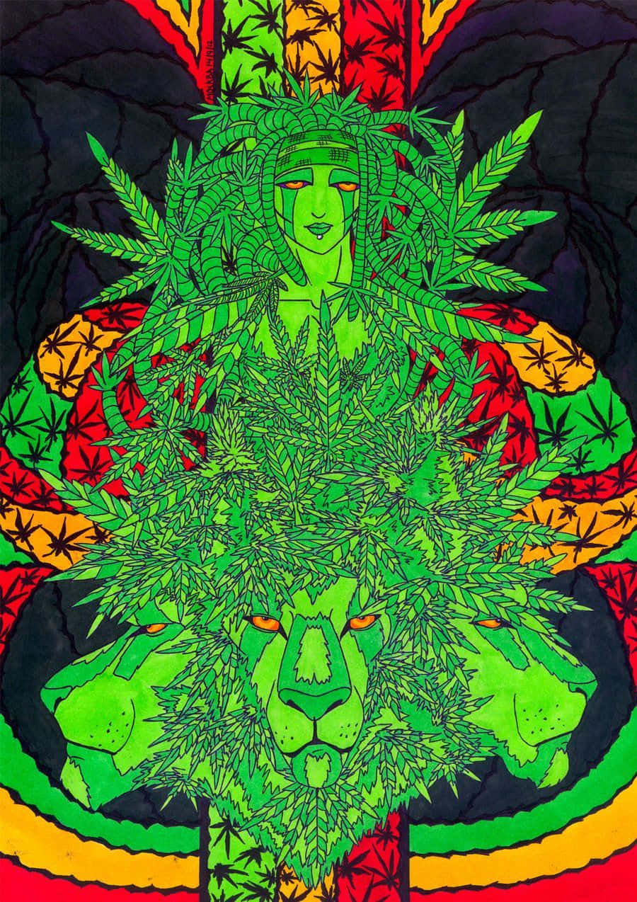 psychedelic weed, green lion-headed figure, woman crowned with cannabis leaves, SD Phone Wallpaper