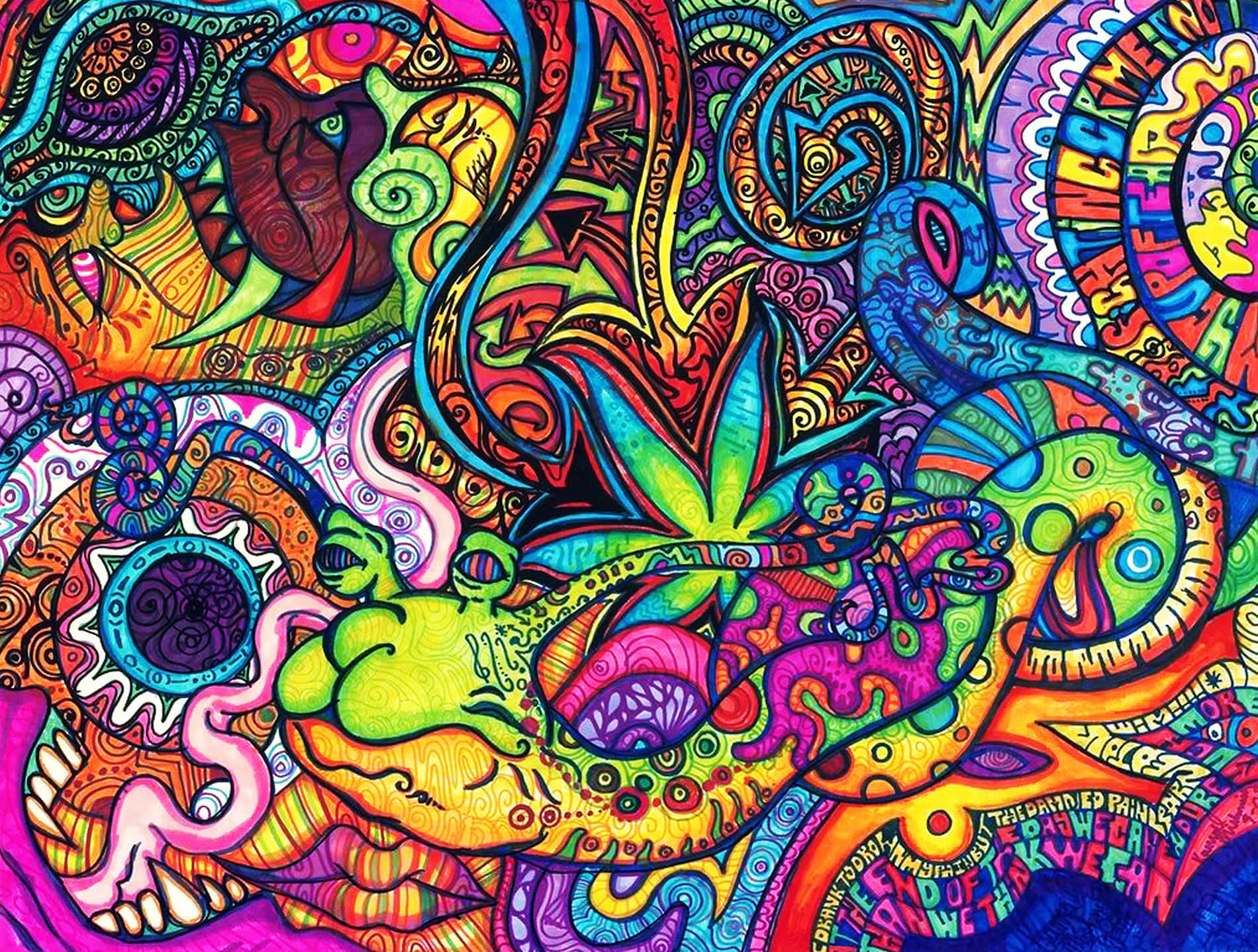 psychedelic weed, vibrant psychedelic artwork, swirling patterns, HD Desktop Wallpaper